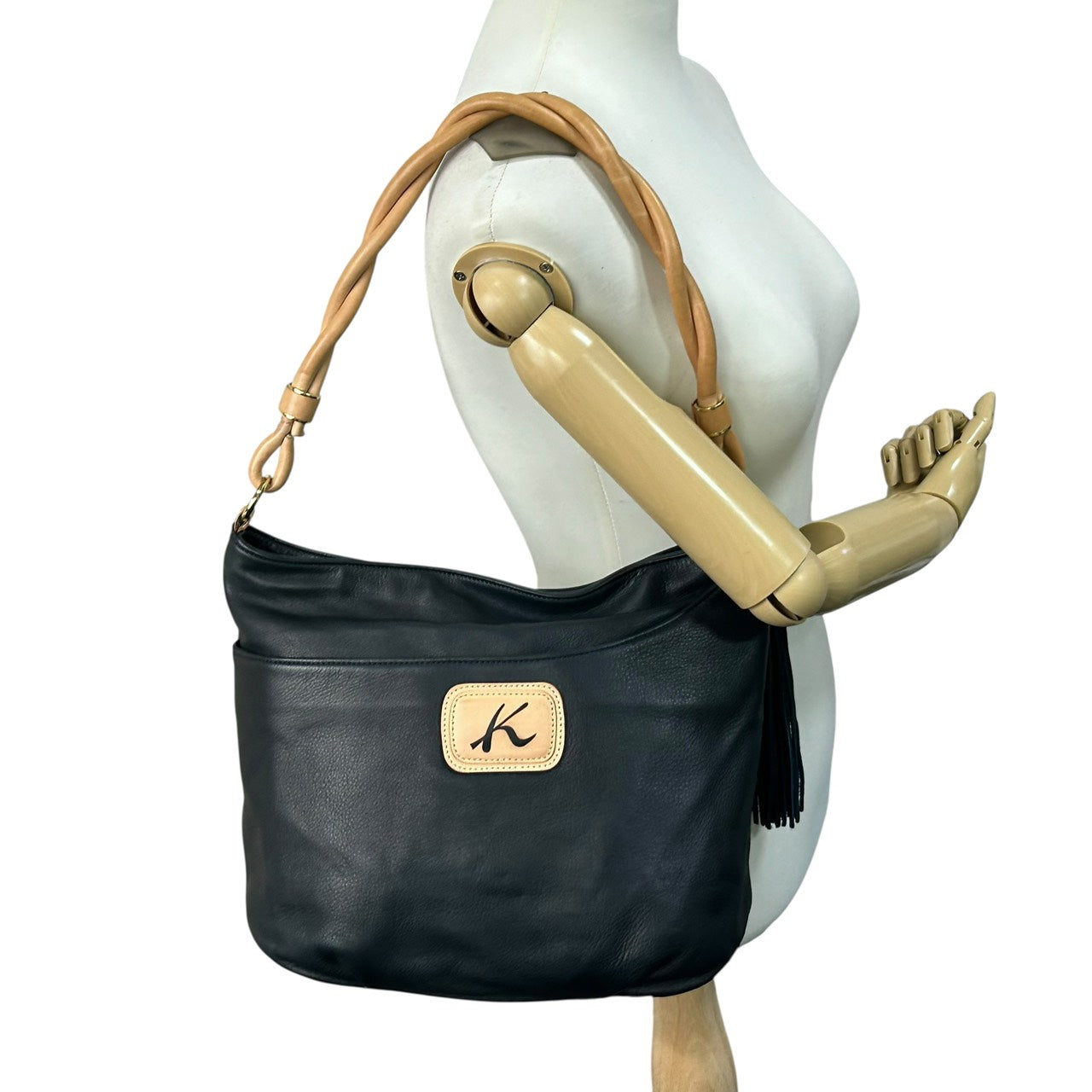キタムラ Kitamura レザー ワンショルダーバッグ ネイビー 紺 タッセル付き ロゴプレート 本革 ハンドバッグ U9
