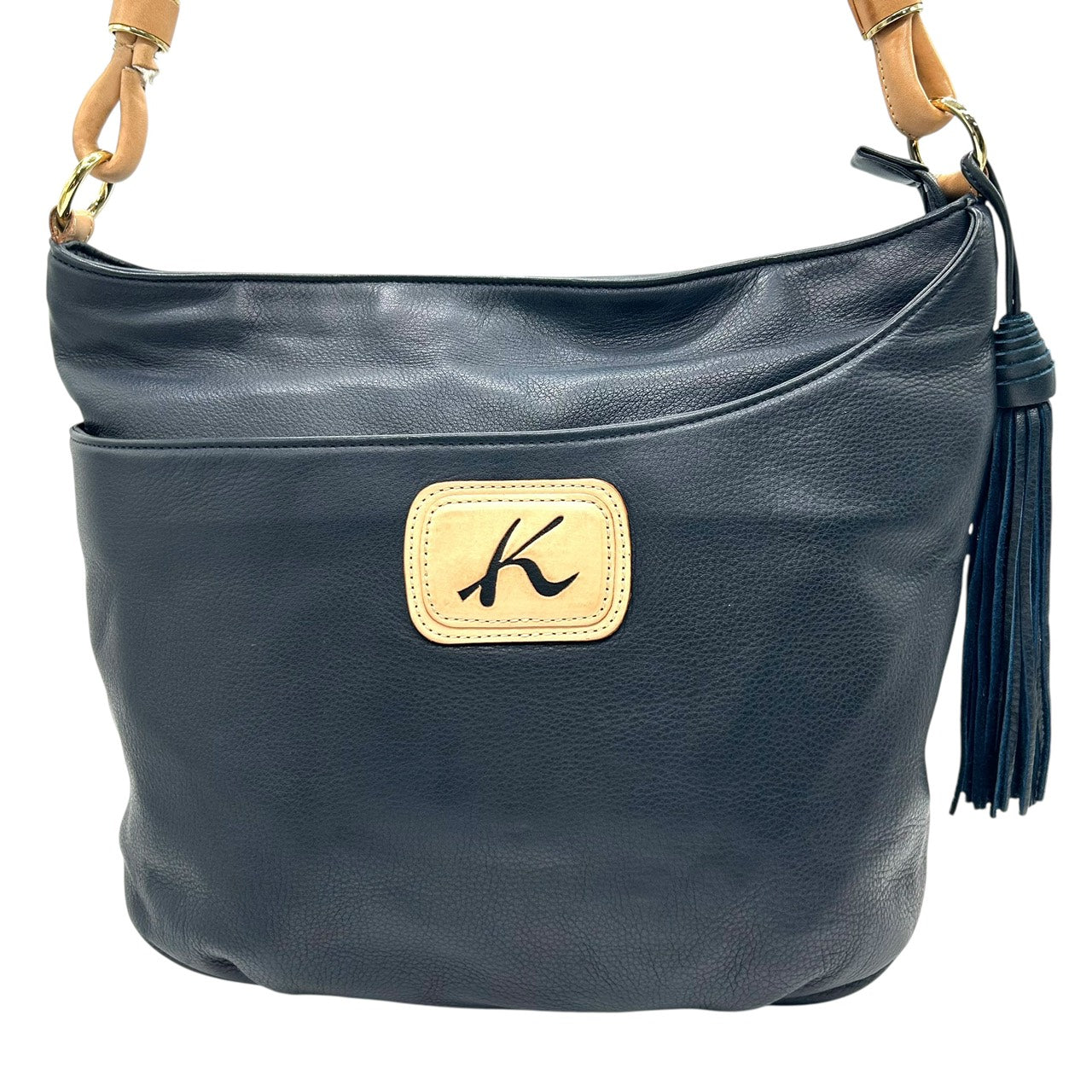 キタムラ Kitamura レザー ワンショルダーバッグ ネイビー 紺 タッセル付き ロゴプレート 本革 ハンドバッグ U9