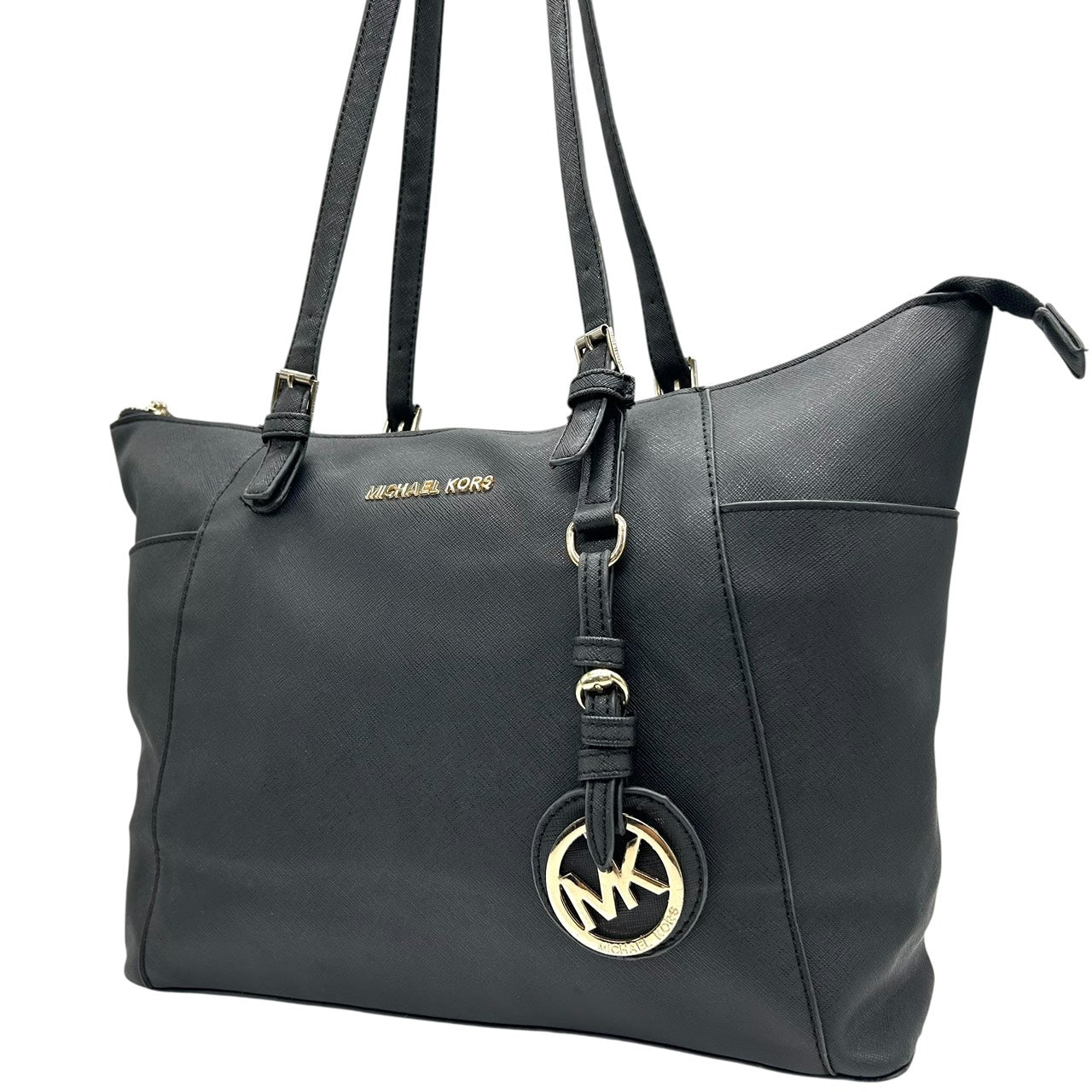 マイケルコース MICHAEL KORS サフィアーノレザー トートバッグ ショルダーバッグ 黒 ブラック ゴールド金具 MKロゴチャーム S65
