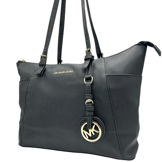 マイケルコース MICHAEL KORS サフィアーノレザー トートバッグ ショルダーバッグ 黒 ブラック ゴールド金具 MKロゴチャーム S65