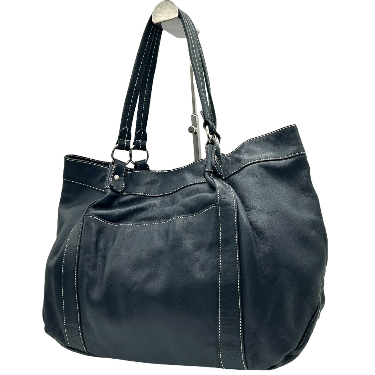 未使用級 キタムラ Kitamura レザー トートバッグ ショルダーバッグ 黒 ブラック ホワイトステッチ Kロゴ 型押し S65