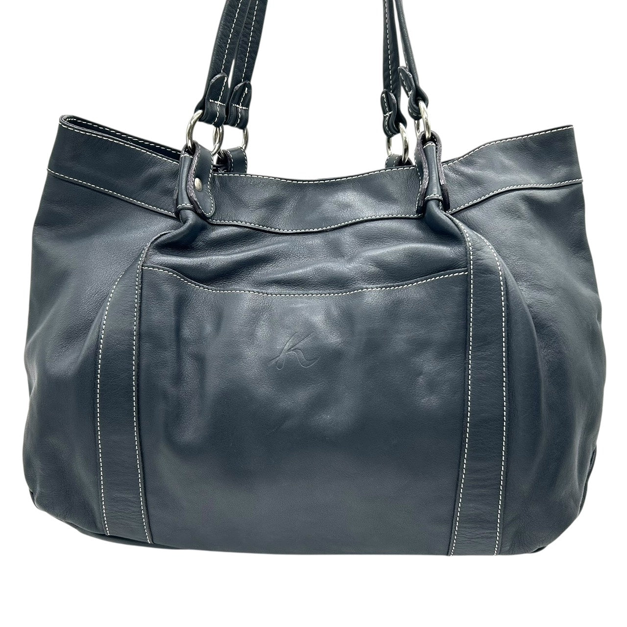 未使用級 キタムラ Kitamura レザー トートバッグ ショルダーバッグ 黒 ブラック ホワイトステッチ Kロゴ 型押し S65