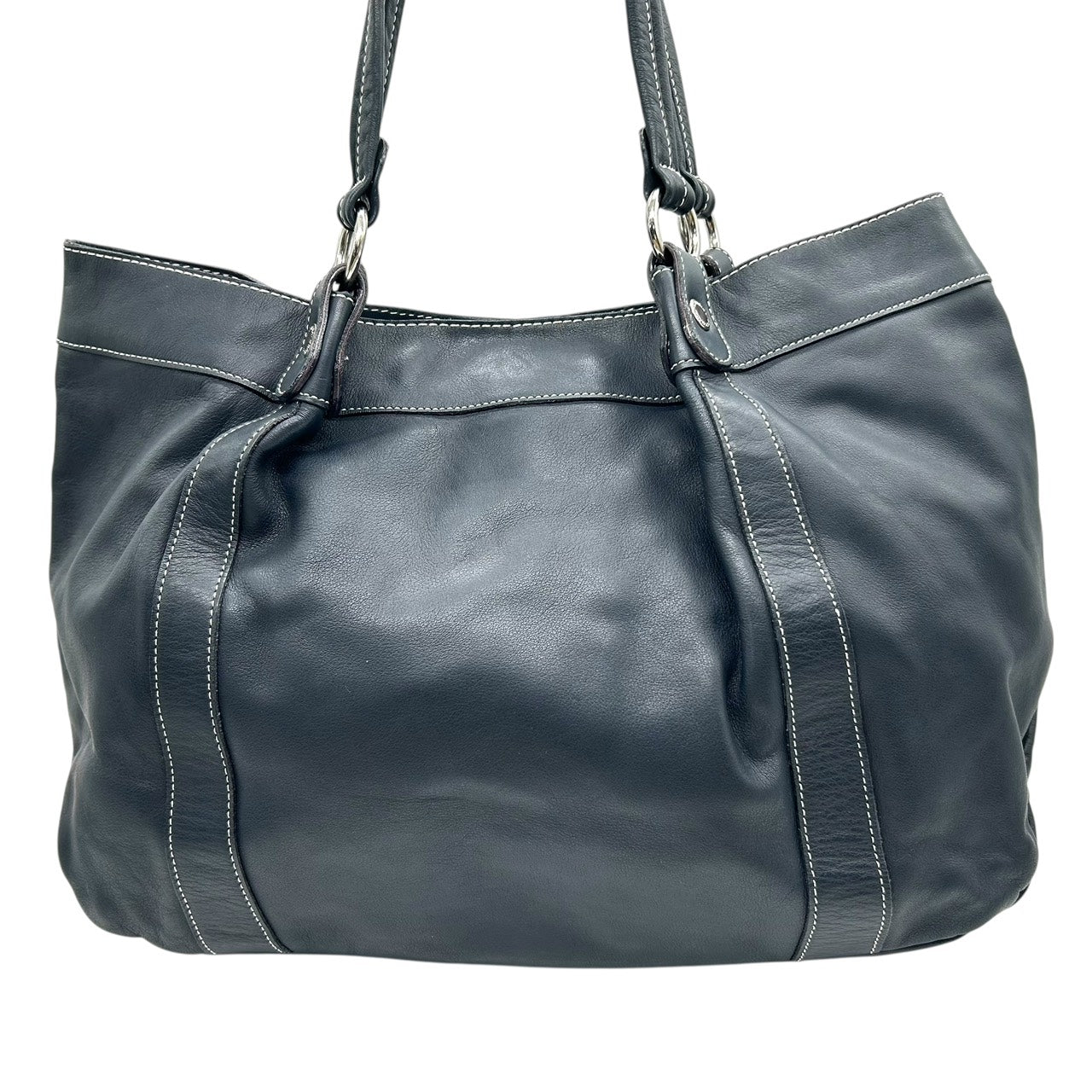 未使用級 キタムラ Kitamura レザー トートバッグ ショルダーバッグ 黒 ブラック ホワイトステッチ Kロゴ 型押し S65