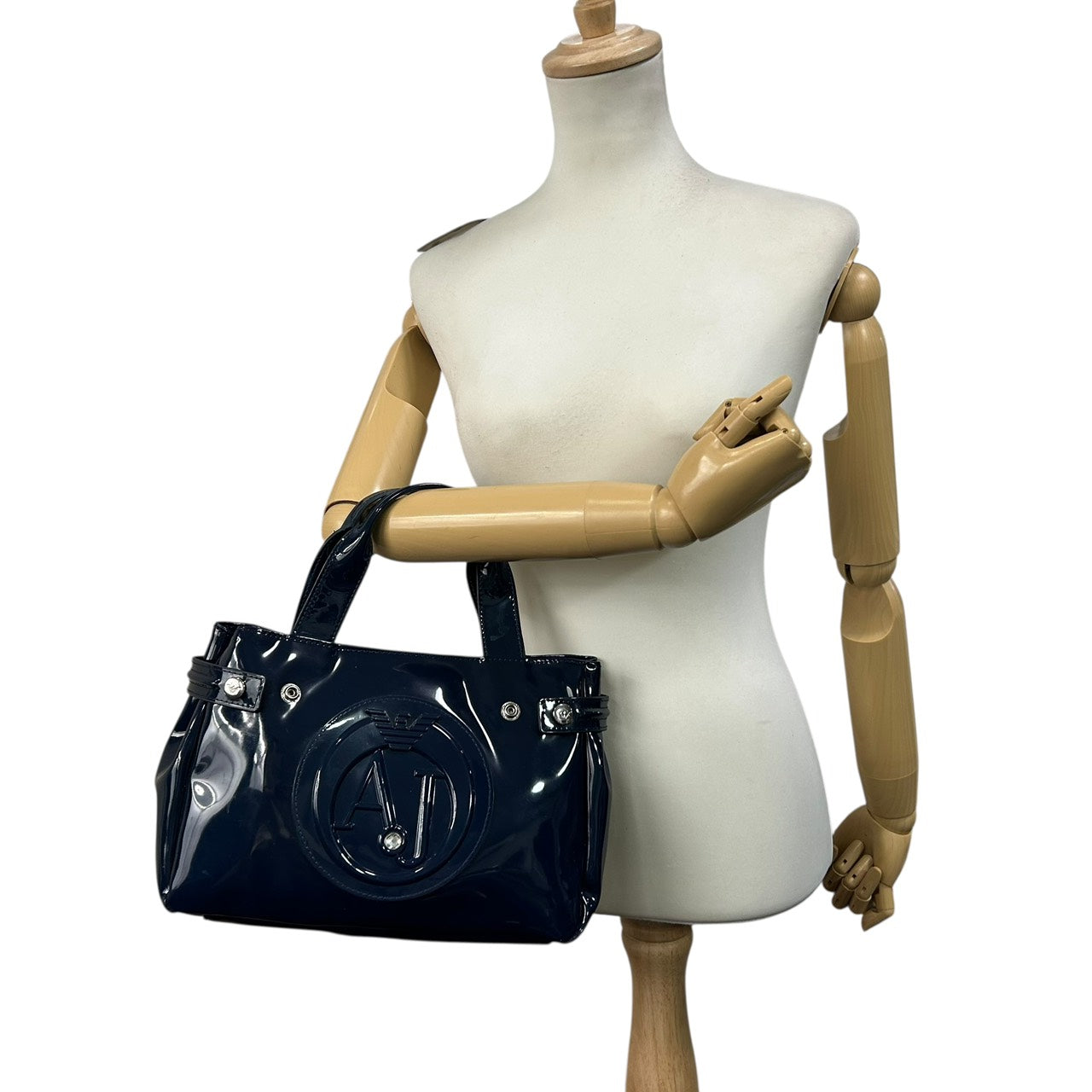 アルマーニジーンズ ARMANI JEANS エナメル トートバッグ ハンドバッグ 紺 ネイビー ロゴ型押し シルバー金具 S55