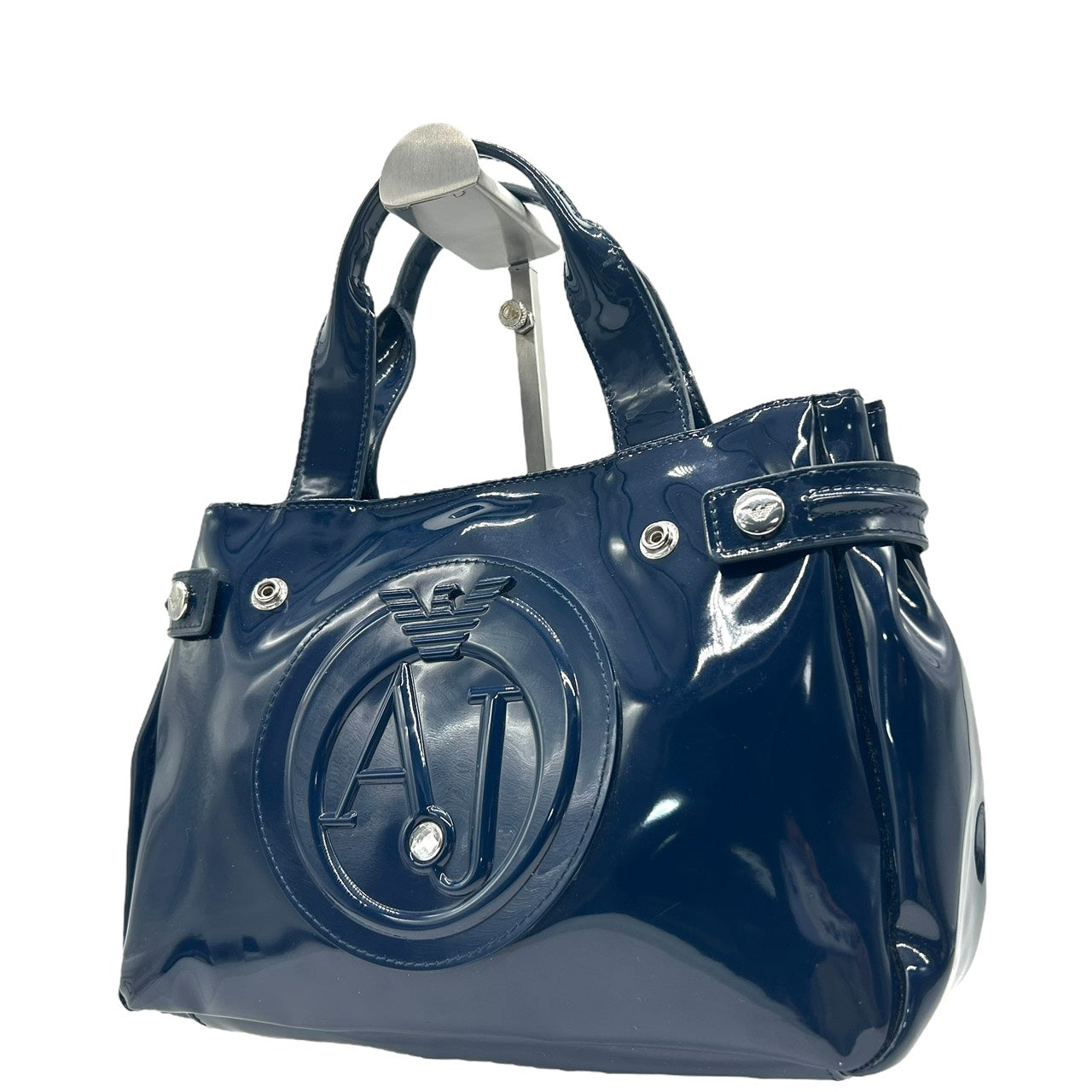 アルマーニジーンズ ARMANI JEANS エナメル トートバッグ ハンドバッグ 紺 ネイビー ロゴ型押し シルバー金具 S55