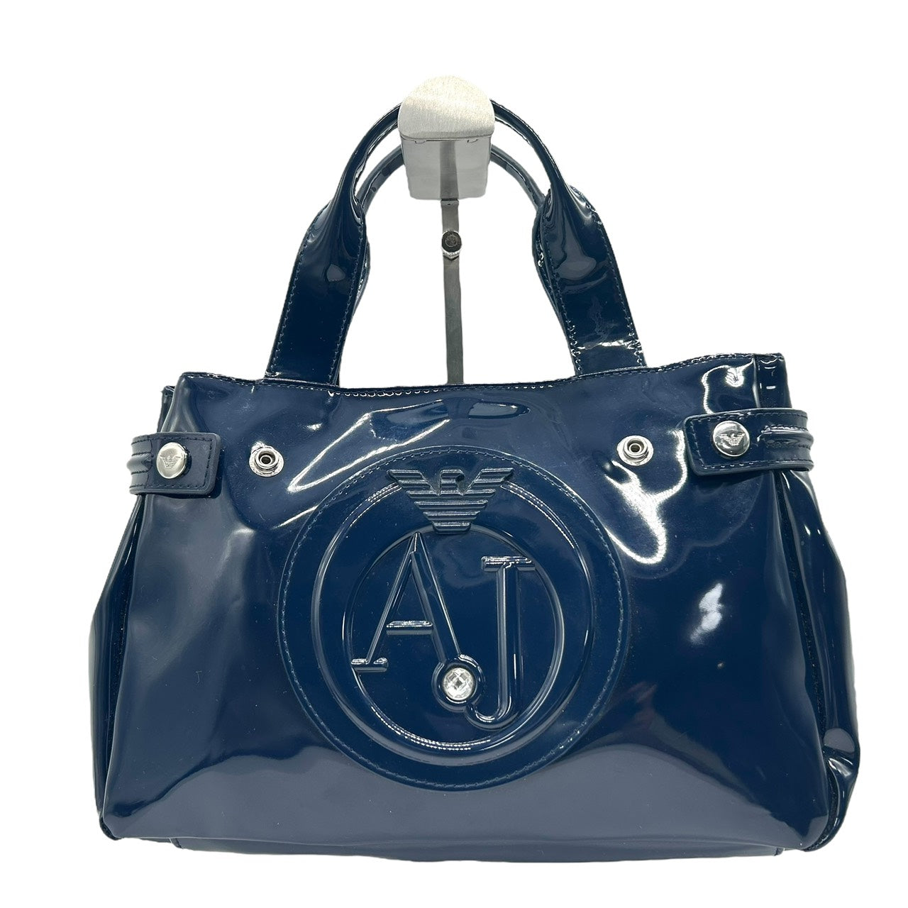 アルマーニジーンズ ARMANI JEANS エナメル トートバッグ ハンドバッグ 紺 ネイビー ロゴ型押し シルバー金具 S55