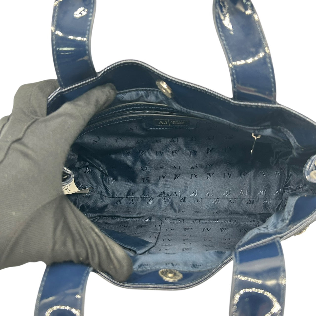 アルマーニジーンズ ARMANI JEANS エナメル トートバッグ ハンドバッグ 紺 ネイビー ロゴ型押し シルバー金具 S55
