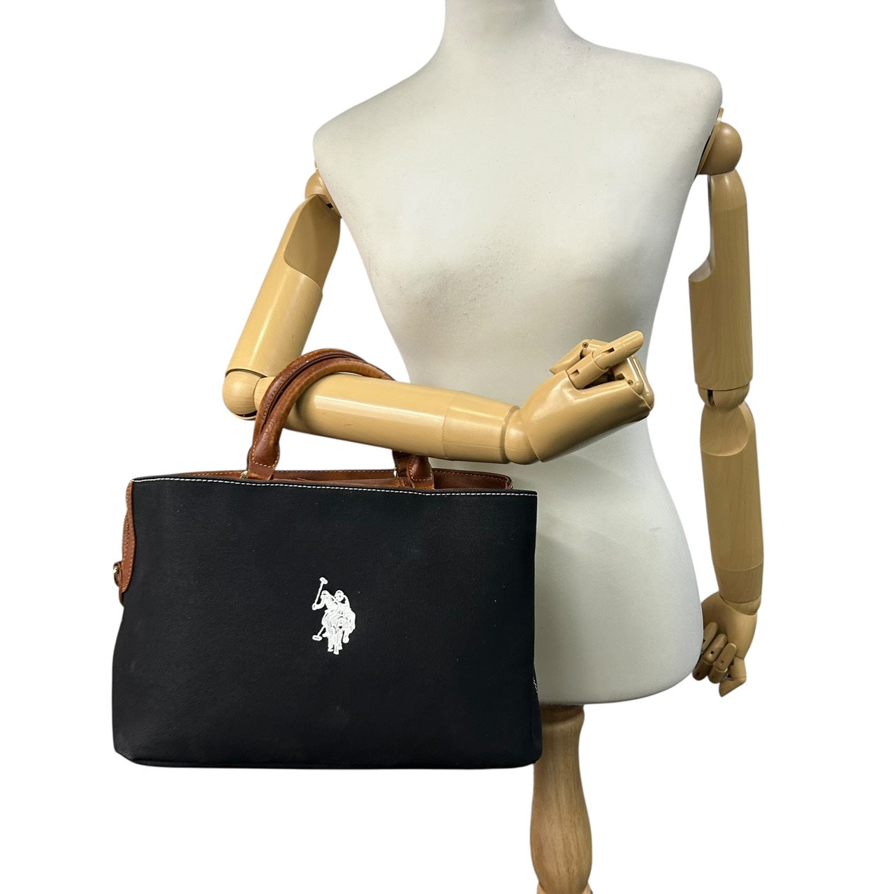 ポロラルフローレン Polo Ralph Lauren トートバッグ ハンドバッグ キャンバス×レザー 黒 ブラック 茶色 ブラウン ホースロゴ ポロ刺繍 S39