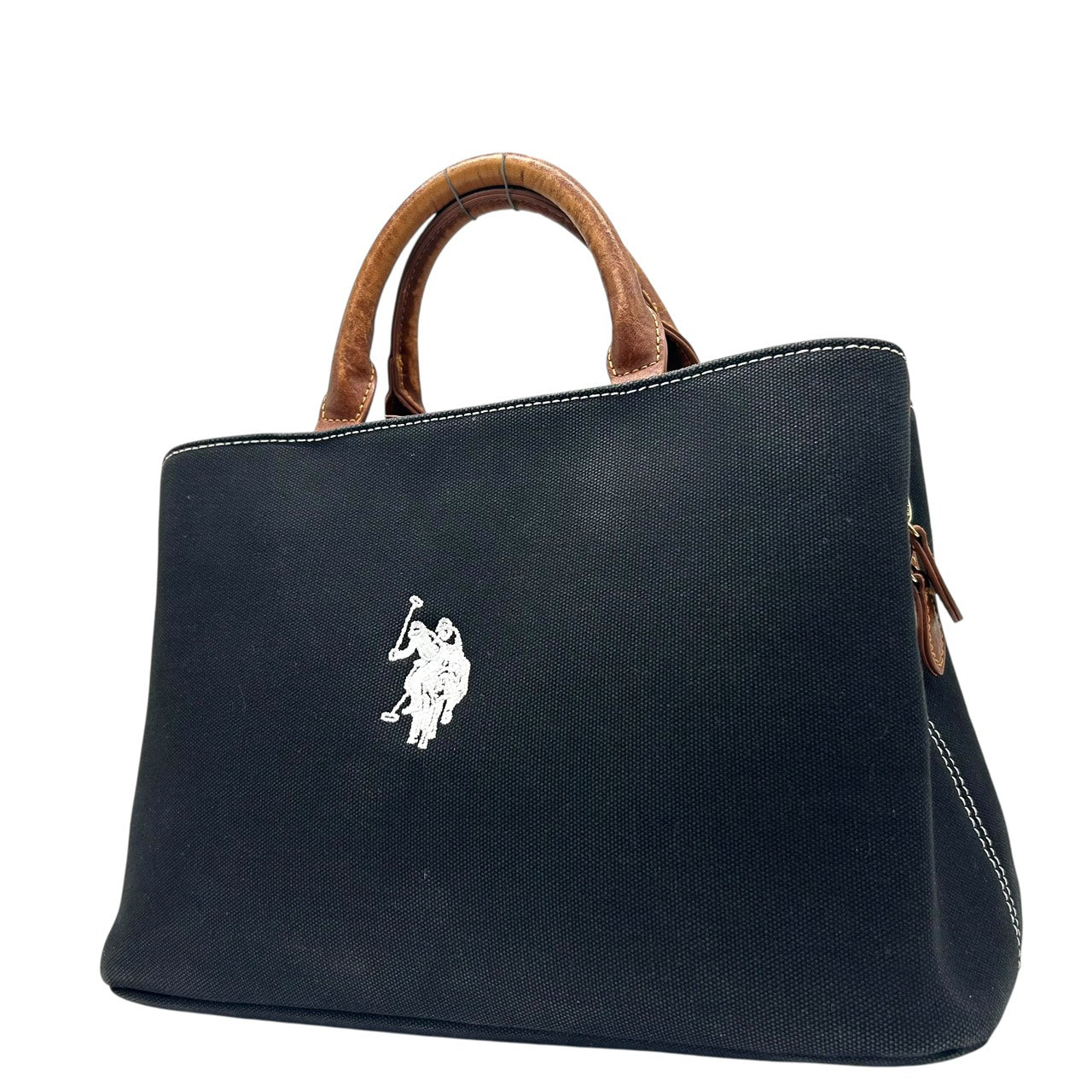 ポロラルフローレン Polo Ralph Lauren トートバッグ ハンドバッグ キャンバス×レザー 黒 ブラック 茶色 ブラウン ホースロゴ ポロ刺繍 S39