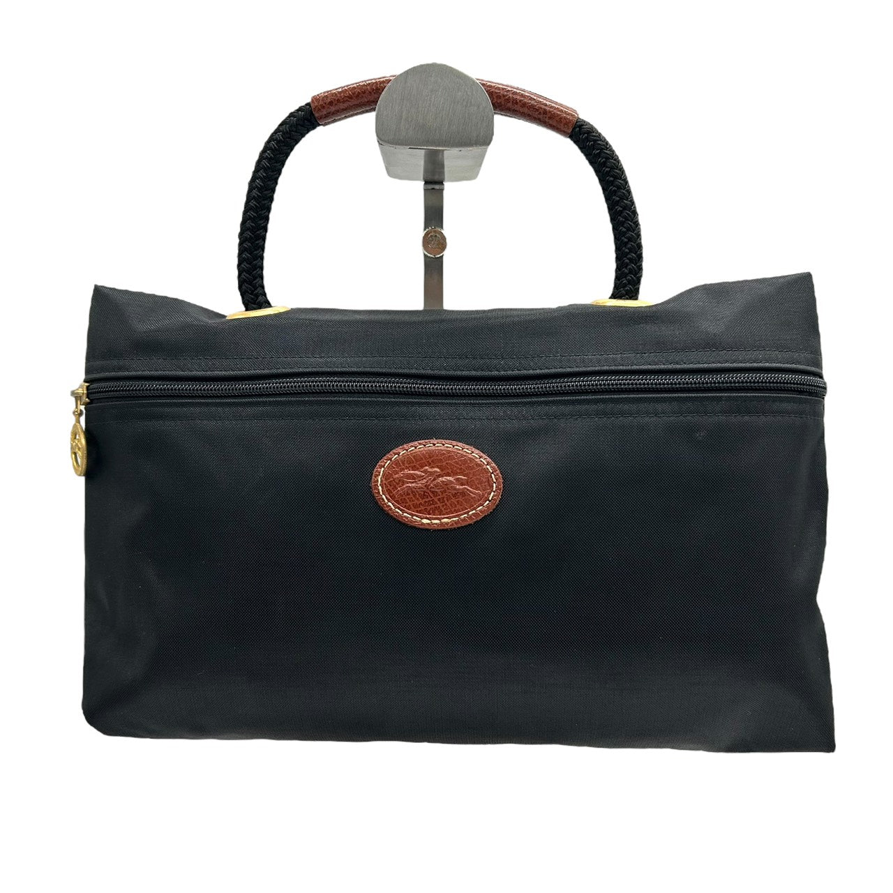 美品 ロンシャン Longchamp ナイロン×レザー ハンドバッグ トートバッグ 黒 ブラック 茶色 ブラウン 軽量 収納力 S71