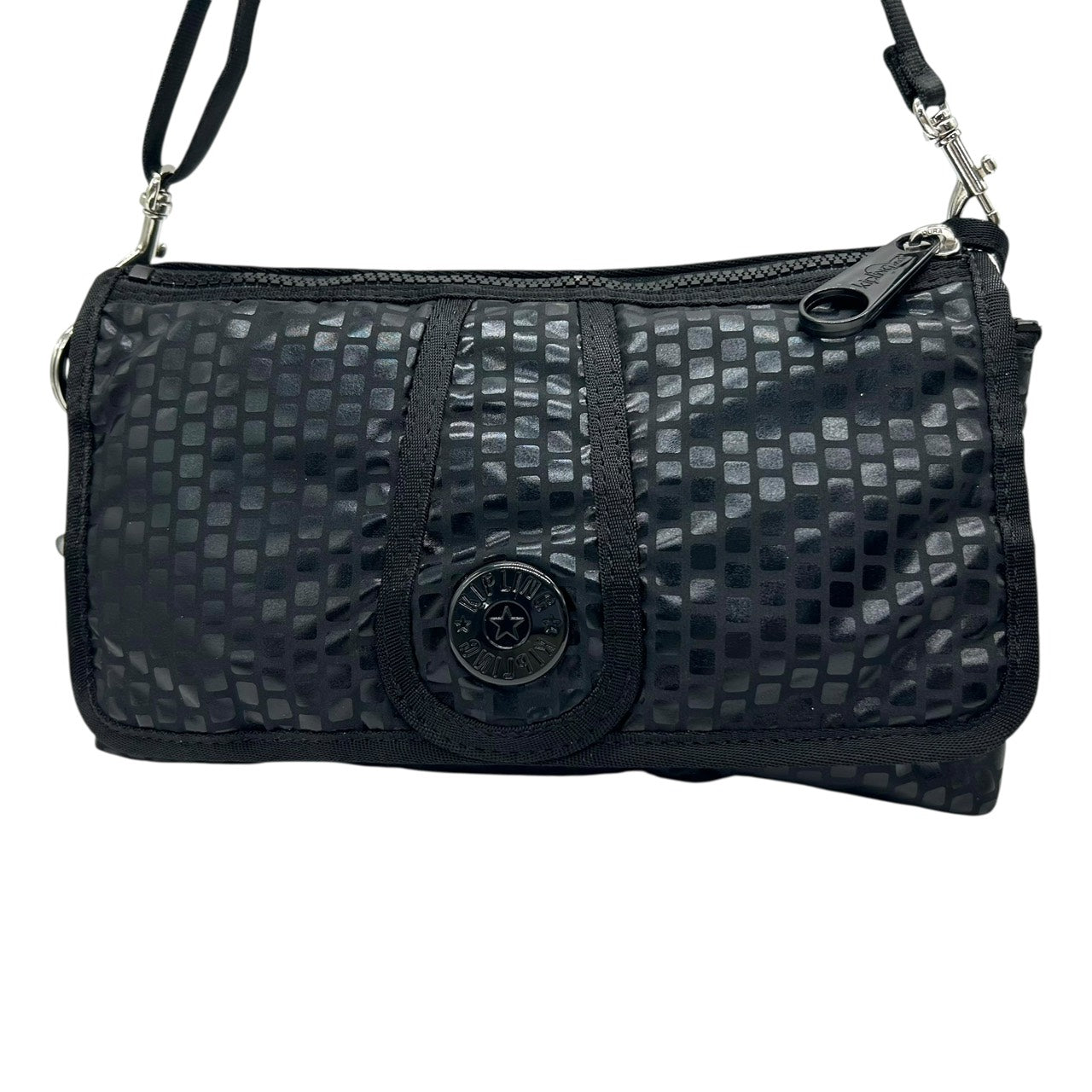 美品　キプリング Kipling ショルダーバッグ クロスボディ ナイロン 黒 ブラック モノグラム 光沢 シルバー金具 軽量 S71