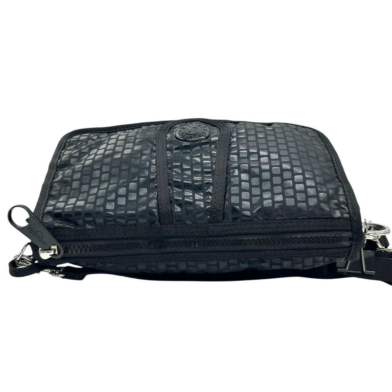 美品　キプリング Kipling ショルダーバッグ クロスボディ ナイロン 黒 ブラック モノグラム 光沢 シルバー金具 軽量 S71