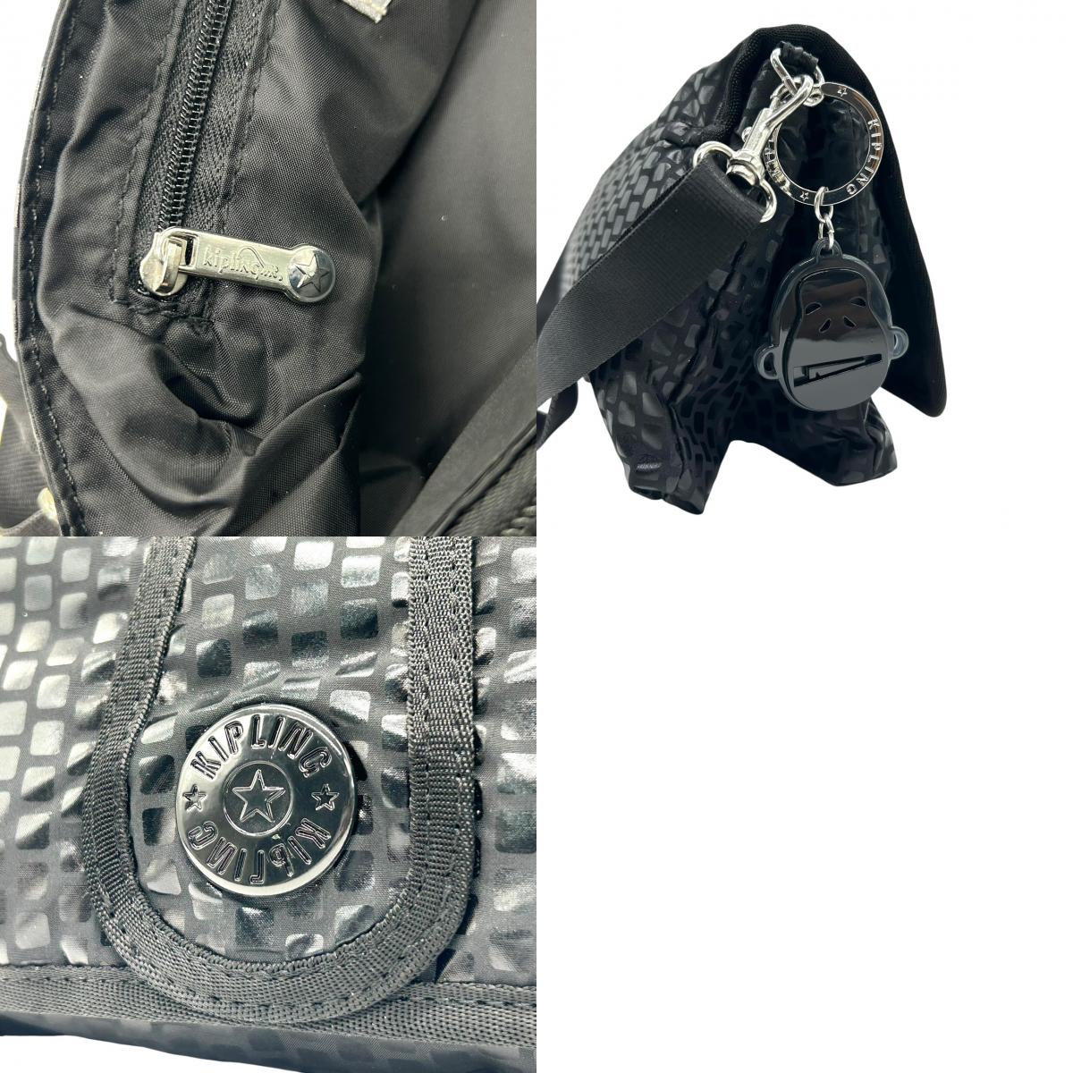 美品　キプリング Kipling ショルダーバッグ クロスボディ ナイロン 黒 ブラック モノグラム 光沢 シルバー金具 軽量 S71