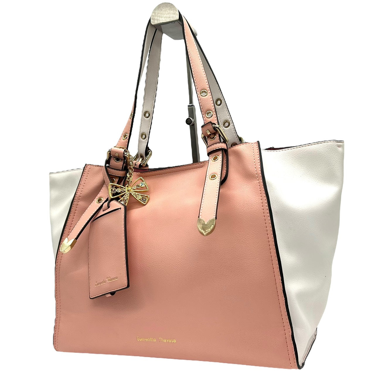 美品 サマンサタバサ Samantha Thavasa トートバッグ 2トーン ピンク×ホワイト 白 レザー ハート金具 リボンチャーム付き S66