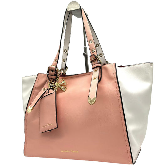 美品 サマンサタバサ Samantha Thavasa トートバッグ 2トーン ピンク×ホワイト 白 レザー ハート金具 リボンチャーム付き S66