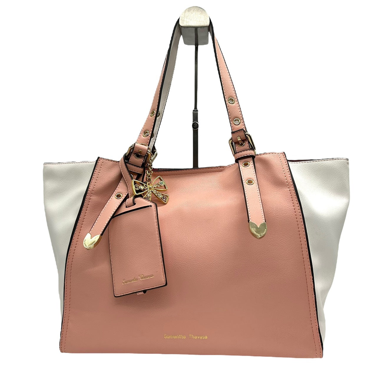 美品 サマンサタバサ Samantha Thavasa トートバッグ 2トーン ピンク×ホワイト 白 レザー ハート金具 リボンチャーム付き S66