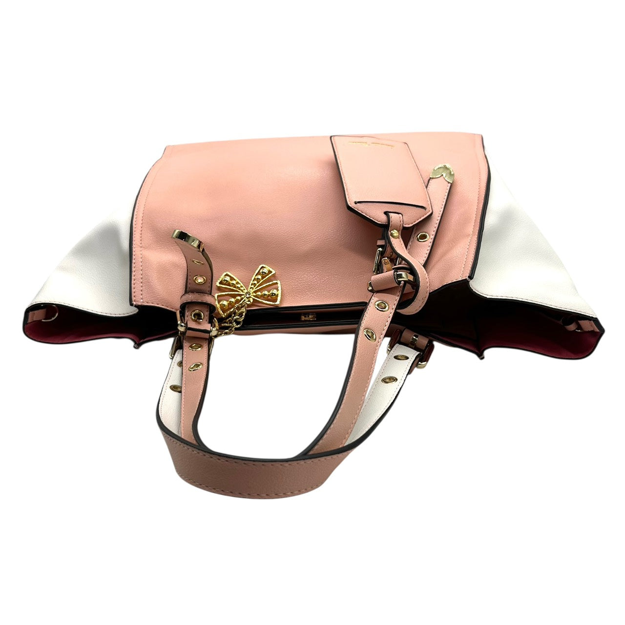 美品 サマンサタバサ Samantha Thavasa トートバッグ 2トーン ピンク×ホワイト 白 レザー ハート金具 リボンチャーム付き S66