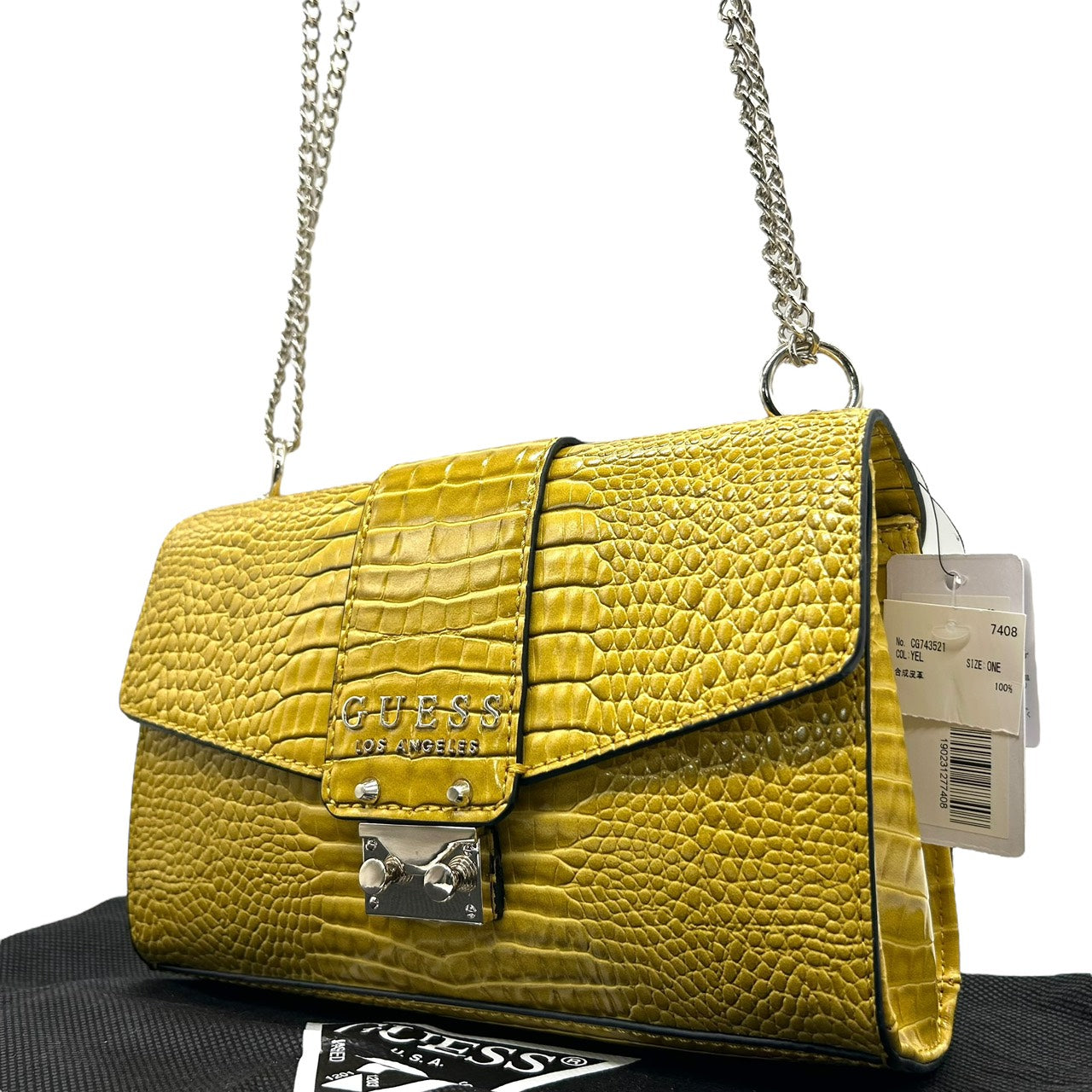 ゲス GUESS チェーンショルダーバッグ 型押し 黄色 イエローゴールド ロック金具 ロゴ 高級感 新品タグ付 R