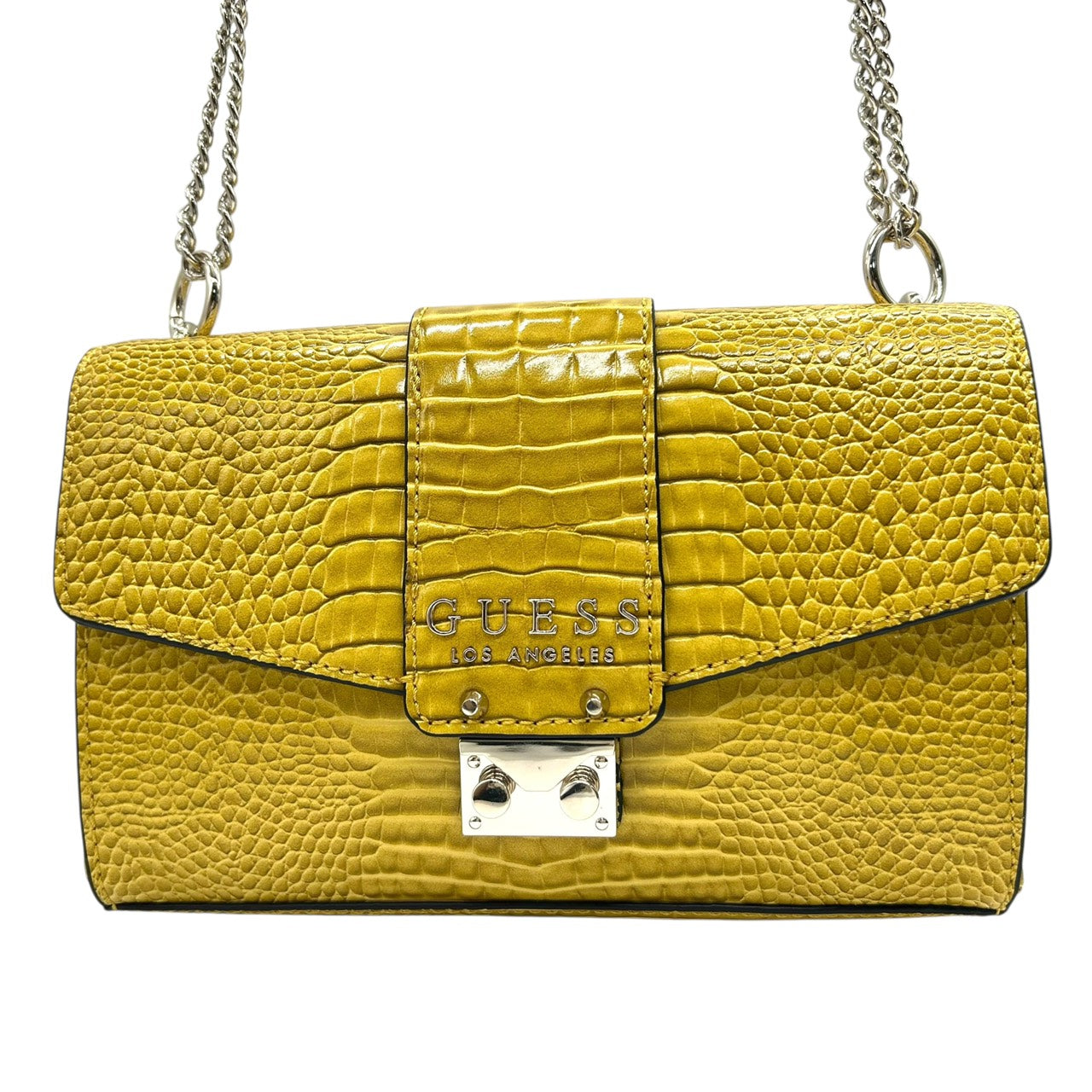 ゲス GUESS チェーンショルダーバッグ 型押し 黄色 イエローゴールド ロック金具 ロゴ 高級感 新品タグ付 R