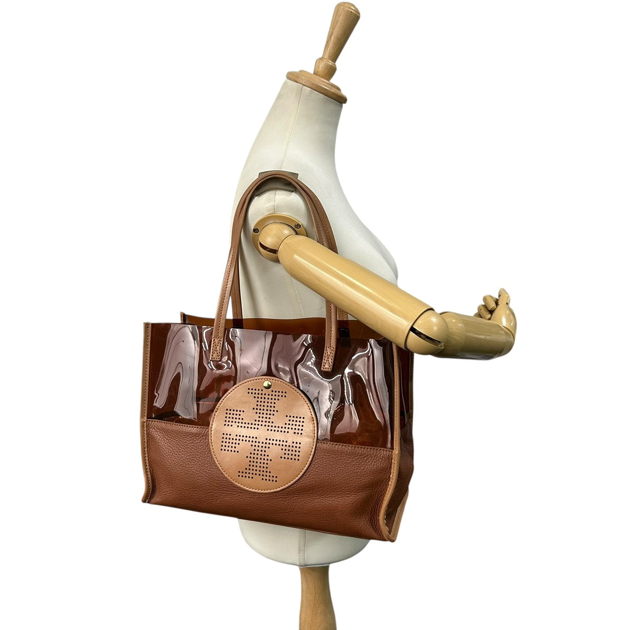 トリーバーチ TORY BURCH トートバッグ PVC クリア レザー 茶色 ブラウン系 パンチングロゴ ダブルT 上品 おしゃれ S66