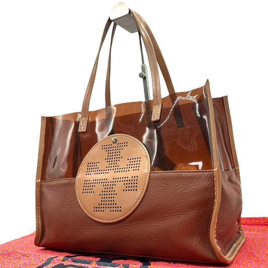 トリーバーチ TORY BURCH トートバッグ PVC クリア レザー 茶色 ブラウン系 パンチングロゴ ダブルT 上品 おしゃれ S66