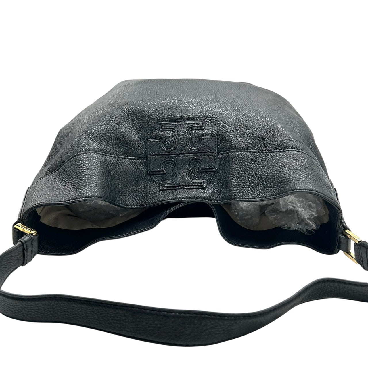 極美品 トリーバーチ TORY BURCH ホーボーバッグ ショルダーバッグ ワンショルダー 黒 ブラック レザー ロゴ型押し 高級 上品 S26