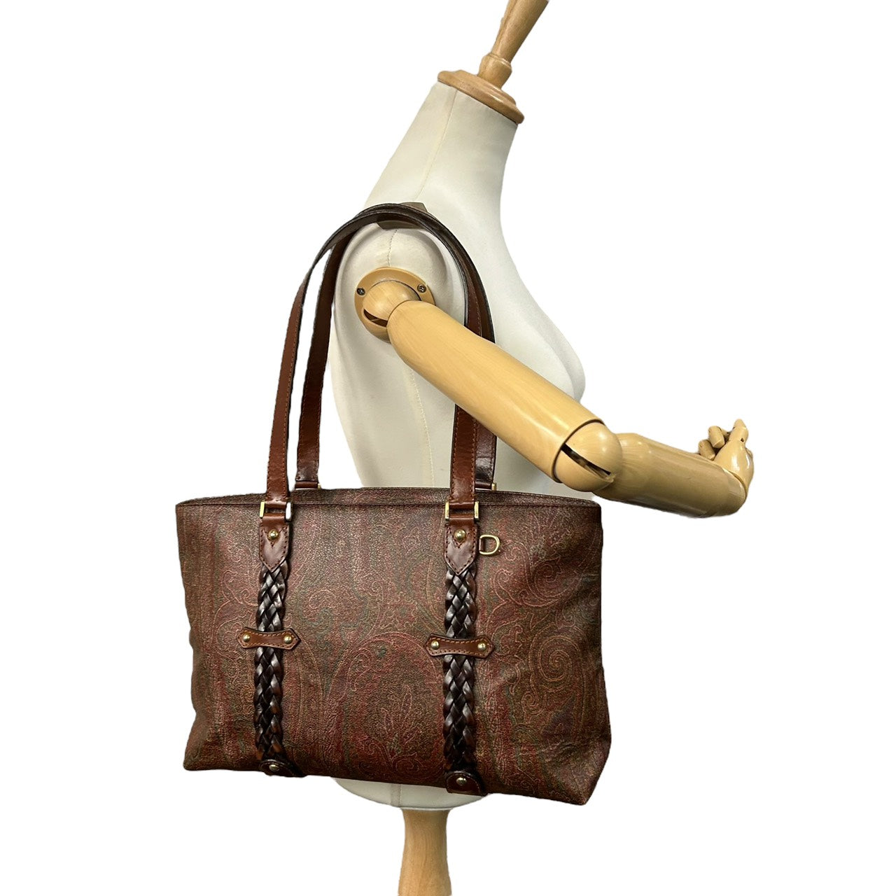 エトロ ETRO トートバッグ ペイズリー柄 レザーコンビ 茶色 ブラウン系 編み込みハンドル 上品 高級 S26