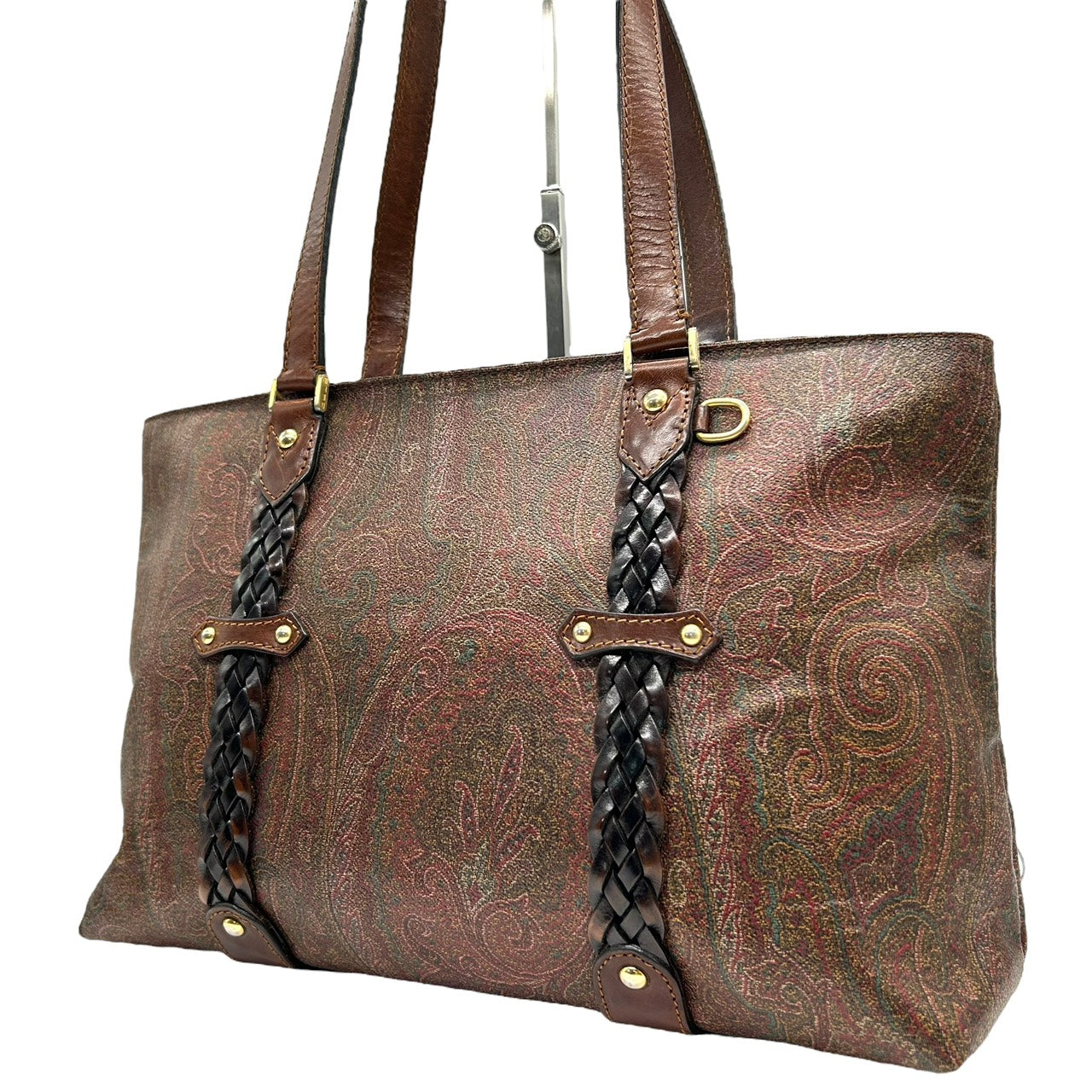 エトロ ETRO トートバッグ ペイズリー柄 レザーコンビ 茶色 ブラウン系 編み込みハンドル 上品 高級 S26