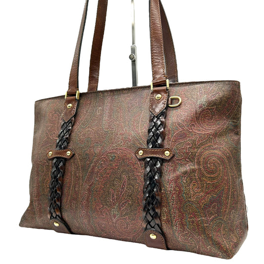 エトロ ETRO トートバッグ ペイズリー柄 レザーコンビ 茶色 ブラウン系 編み込みハンドル 上品 高級 S26