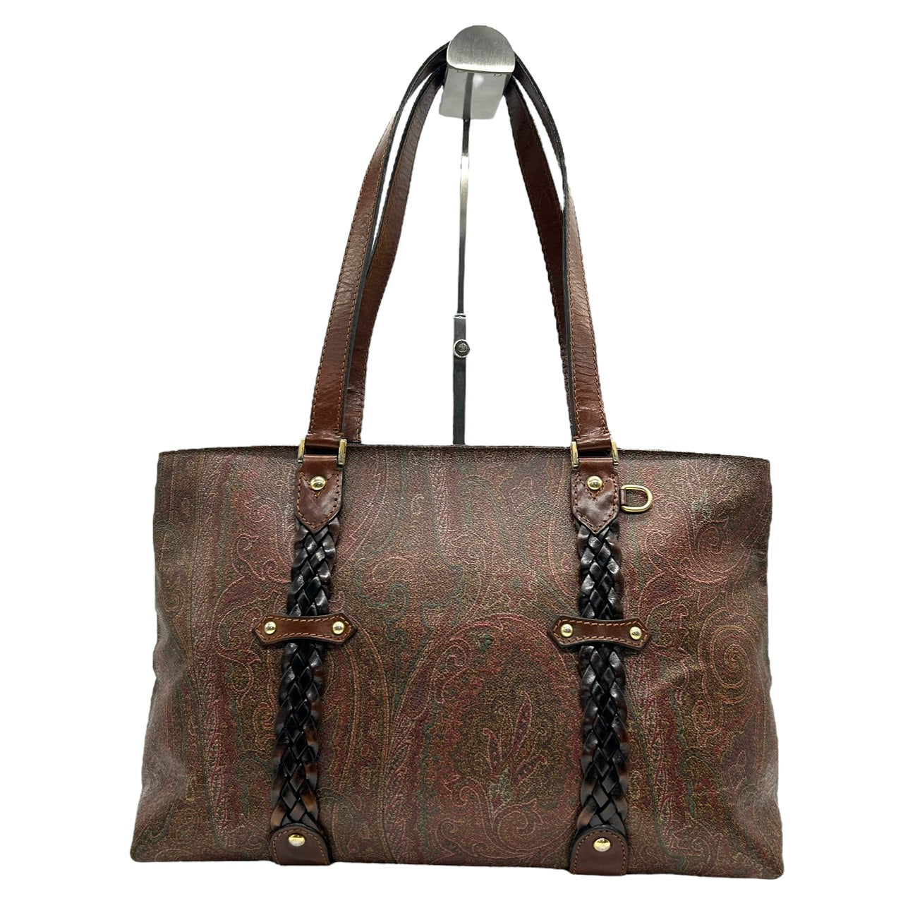 エトロ ETRO トートバッグ ペイズリー柄 レザーコンビ 茶色 ブラウン系 編み込みハンドル 上品 高級 S26