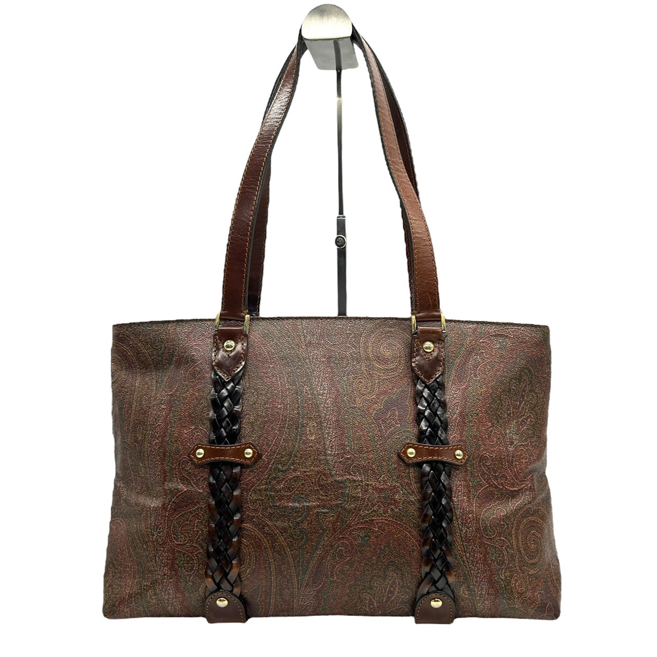 エトロ ETRO トートバッグ ペイズリー柄 レザーコンビ 茶色 ブラウン系 編み込みハンドル 上品 高級 S26