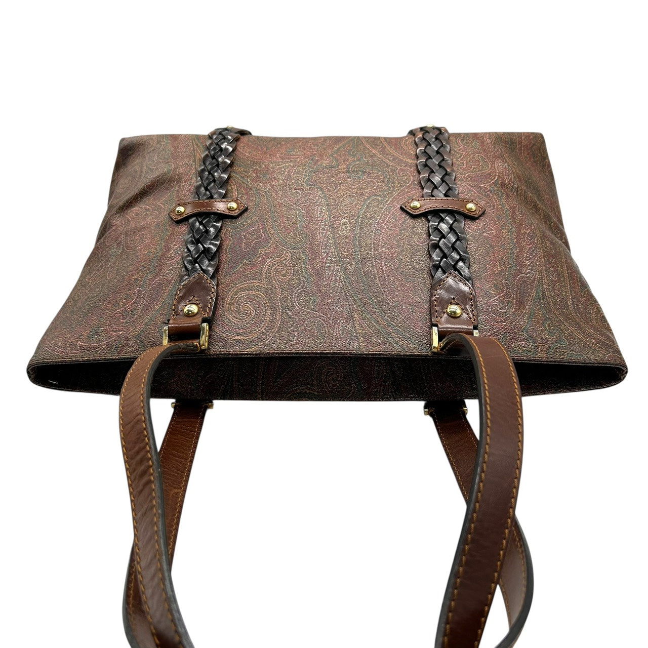 エトロ ETRO トートバッグ ペイズリー柄 レザーコンビ 茶色 ブラウン系 編み込みハンドル 上品 高級 S26