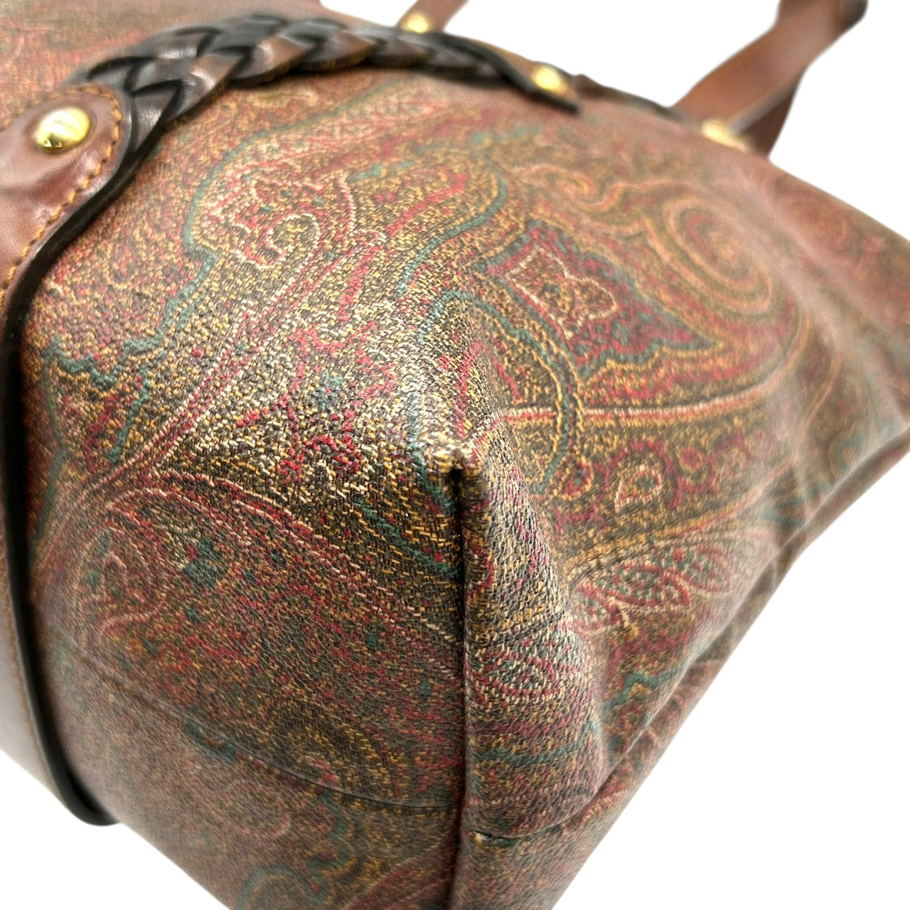 エトロ ETRO トートバッグ ペイズリー柄 レザーコンビ 茶色 ブラウン系 編み込みハンドル 上品 高級 S26