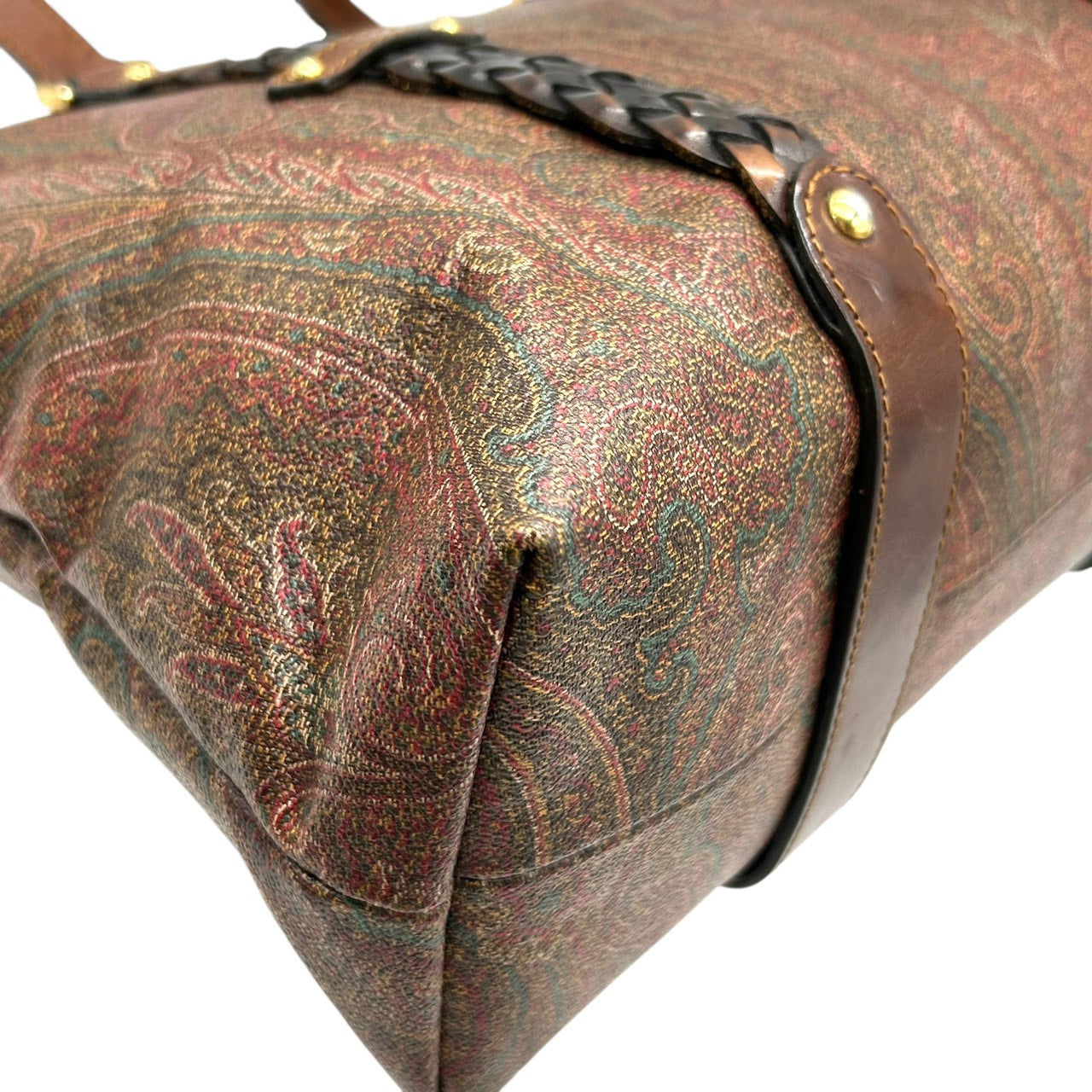 エトロ ETRO トートバッグ ペイズリー柄 レザーコンビ 茶色 ブラウン系 編み込みハンドル 上品 高級 S26
