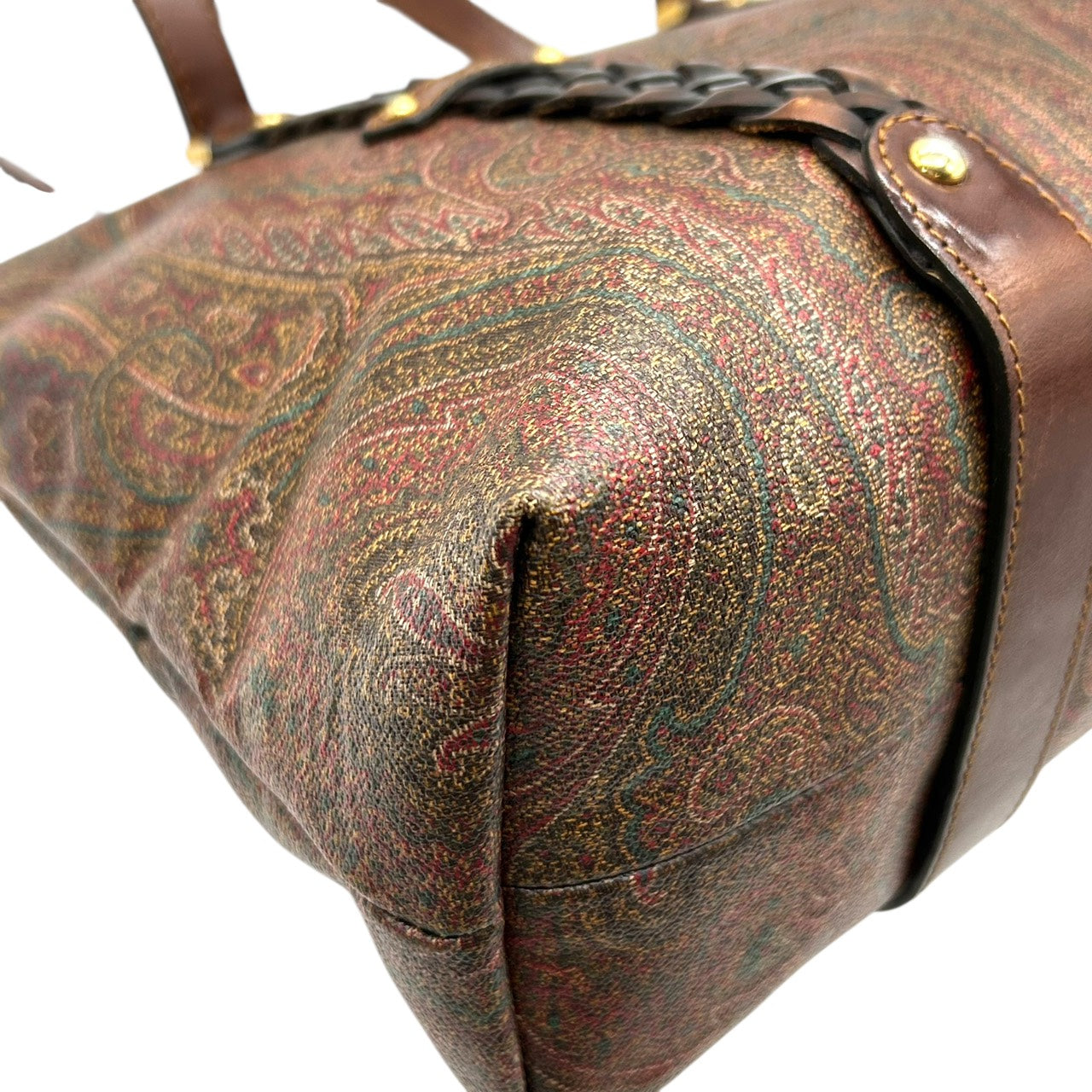 エトロ ETRO トートバッグ ペイズリー柄 レザーコンビ 茶色 ブラウン系 編み込みハンドル 上品 高級 S26