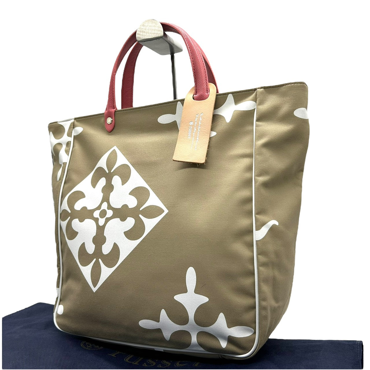 新品同様 ラシット russet トートバッグ ハンドバッグ ナイロン×レザー 白 ホワイト ベージュ ピンクハンドル A4収納可 軽量 上品 S26