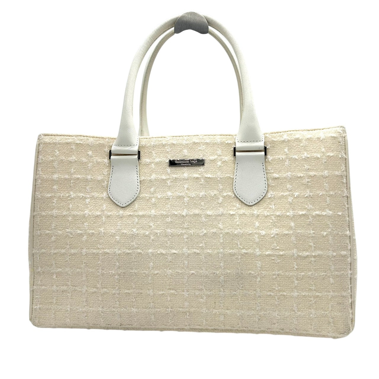 【美品】Samantha Vega サマンサベガ ハンドバッグ トートバッグ ワンショルダー 自立可 A4収納可 ツイード キャンバス レザー ホワイト アイボリー系 レディース フェミニン エレガント 上品 通勤通学 人気モデル クリーニング済み s33