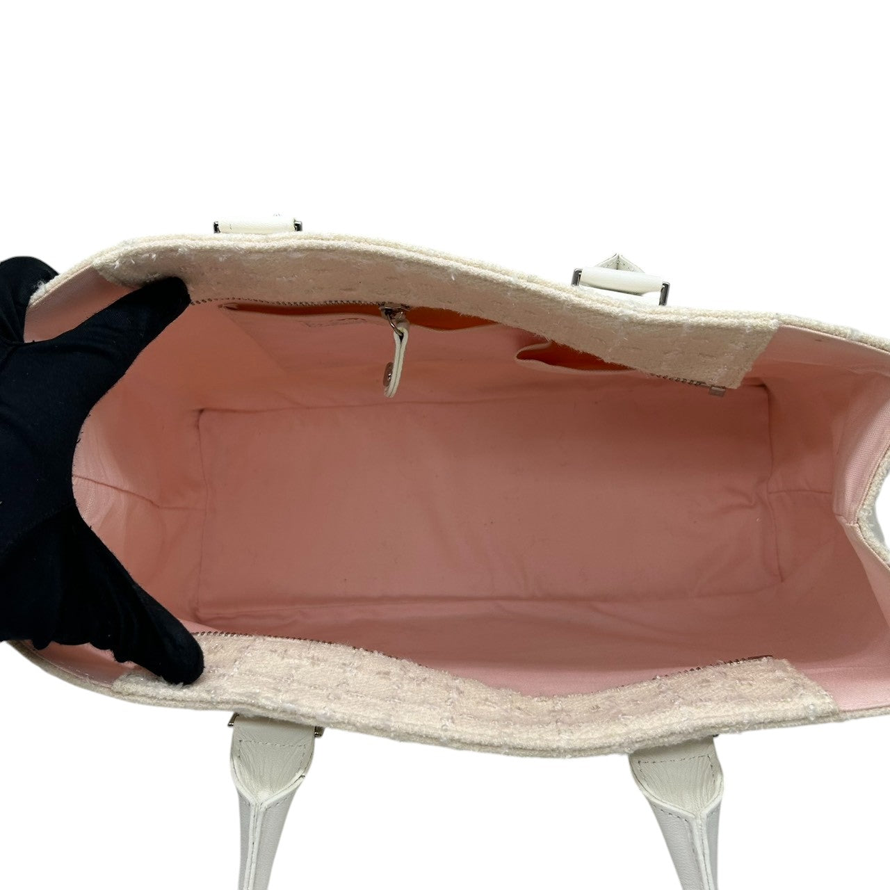 【美品】Samantha Vega サマンサベガ ハンドバッグ トートバッグ ワンショルダー 自立可 A4収納可 ツイード キャンバス レザー ホワイト アイボリー系 レディース フェミニン エレガント 上品 通勤通学 人気モデル クリーニング済み s33