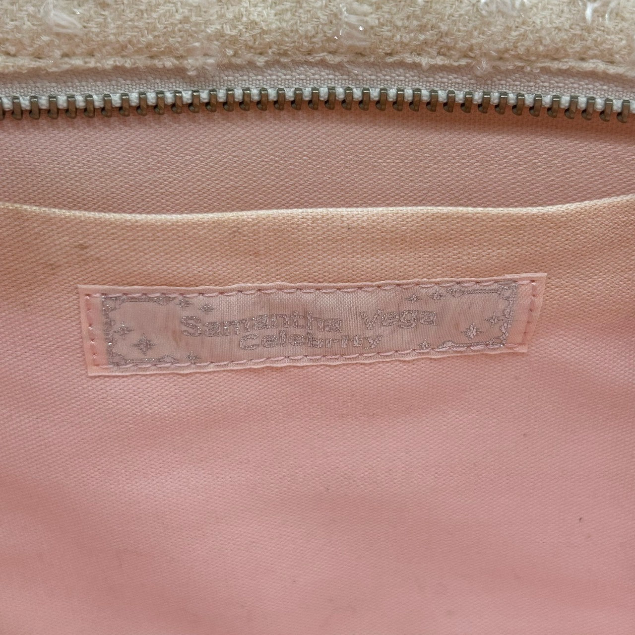 【美品】Samantha Vega サマンサベガ ハンドバッグ トートバッグ ワンショルダー 自立可 A4収納可 ツイード キャンバス レザー ホワイト アイボリー系 レディース フェミニン エレガント 上品 通勤通学 人気モデル クリーニング済み s33