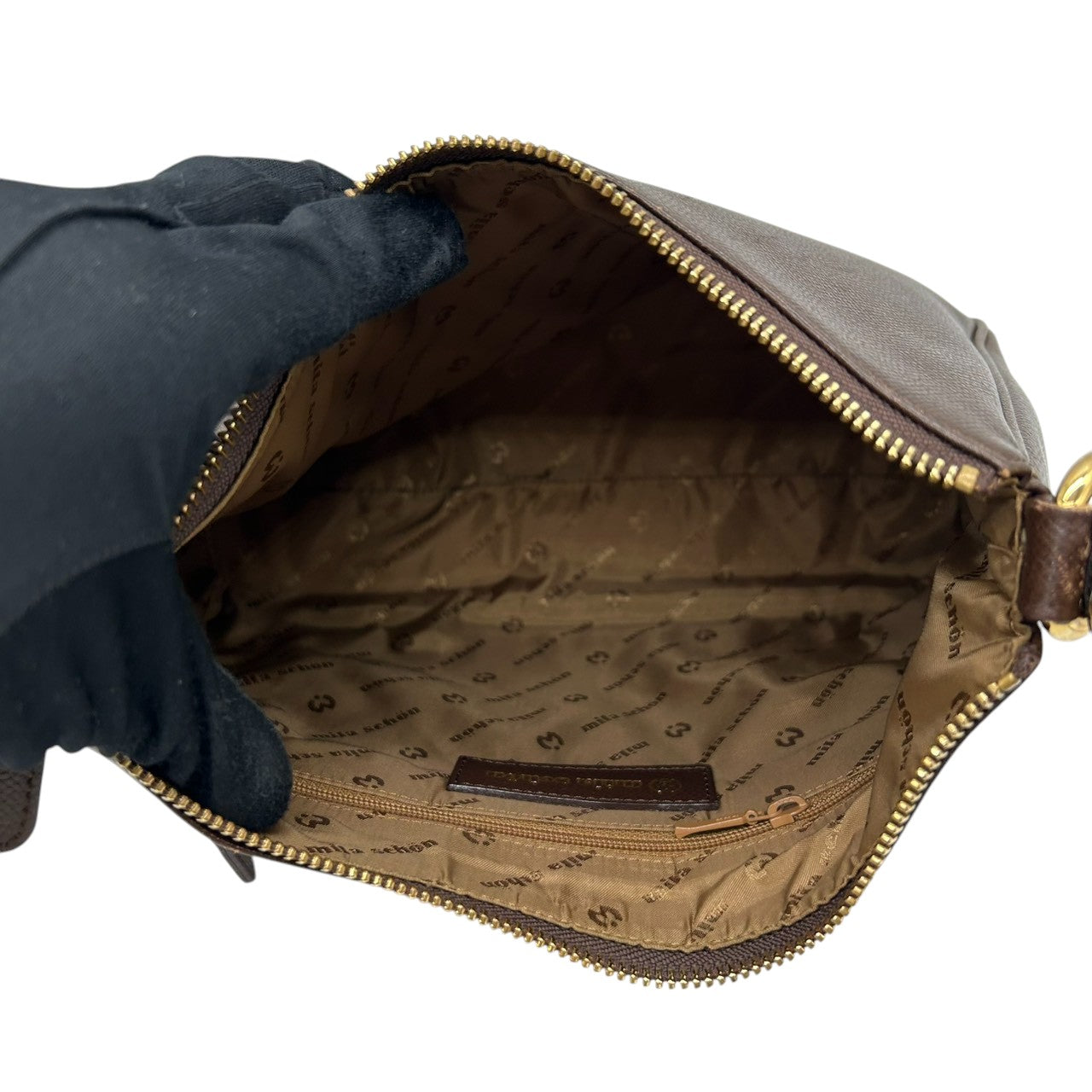 【mila Schn】ミラショーン ハンドバッグ ワンショルダー 自立可 Mロゴ 本革 レザー ダークブラウン ゴールド金具 レディース ヴィンテージ クラシック エレガント フォーマル パーティー 人気モデル クリーニング済み s99