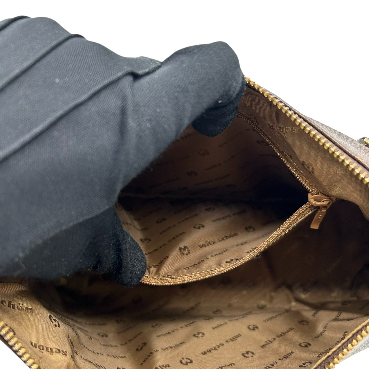 【mila Schn】ミラショーン ハンドバッグ ワンショルダー 自立可 Mロゴ 本革 レザー ダークブラウン ゴールド金具 レディース ヴィンテージ クラシック エレガント フォーマル パーティー 人気モデル クリーニング済み s99