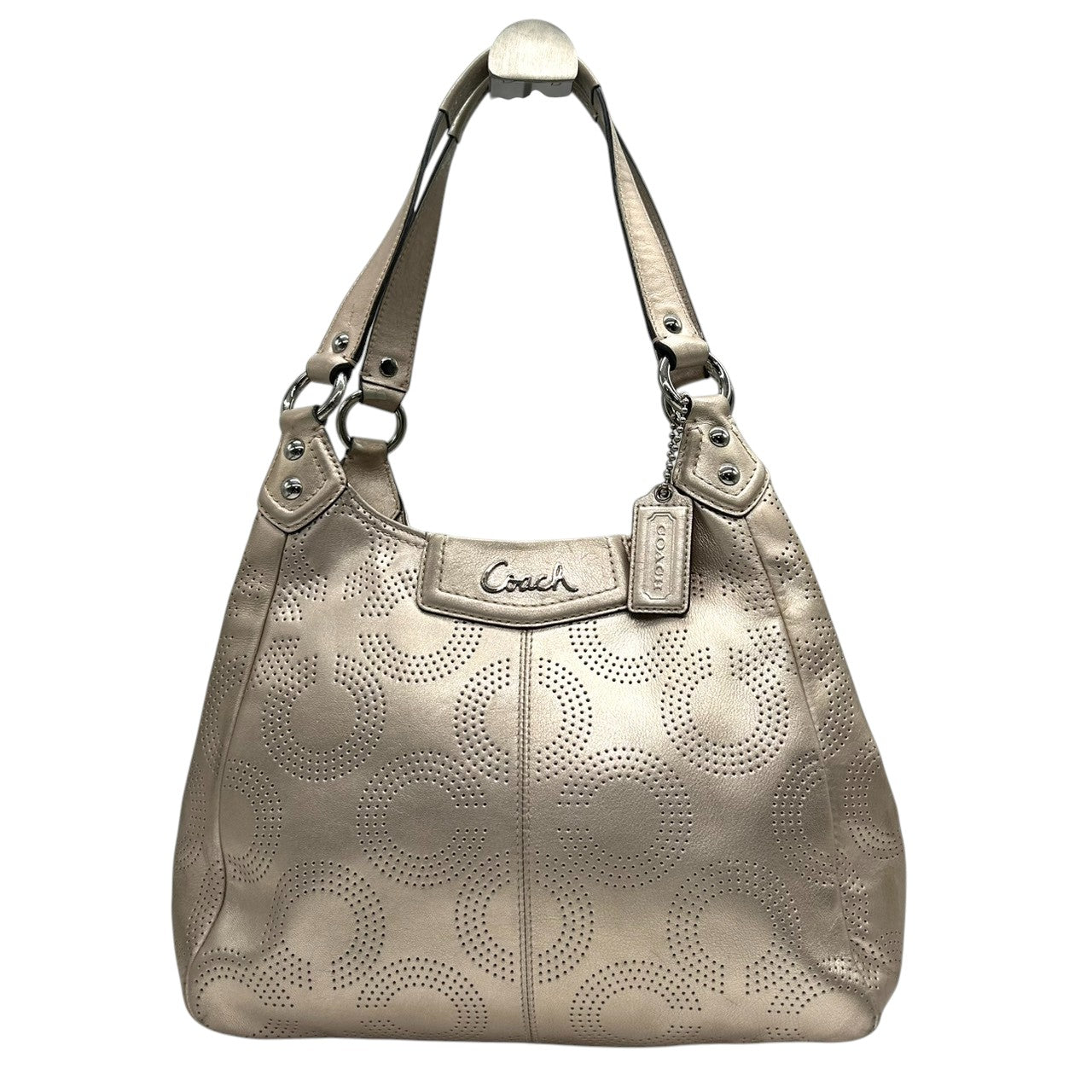 【美品】COACH コーチ ショルダーバッグ ワンショルダー F23602 パンチングレザー オプアート シグネチャー ゴールド シャンパンゴールド系 本革 レディース エレガント 通勤通学 人気モデル クリーニング済み s99