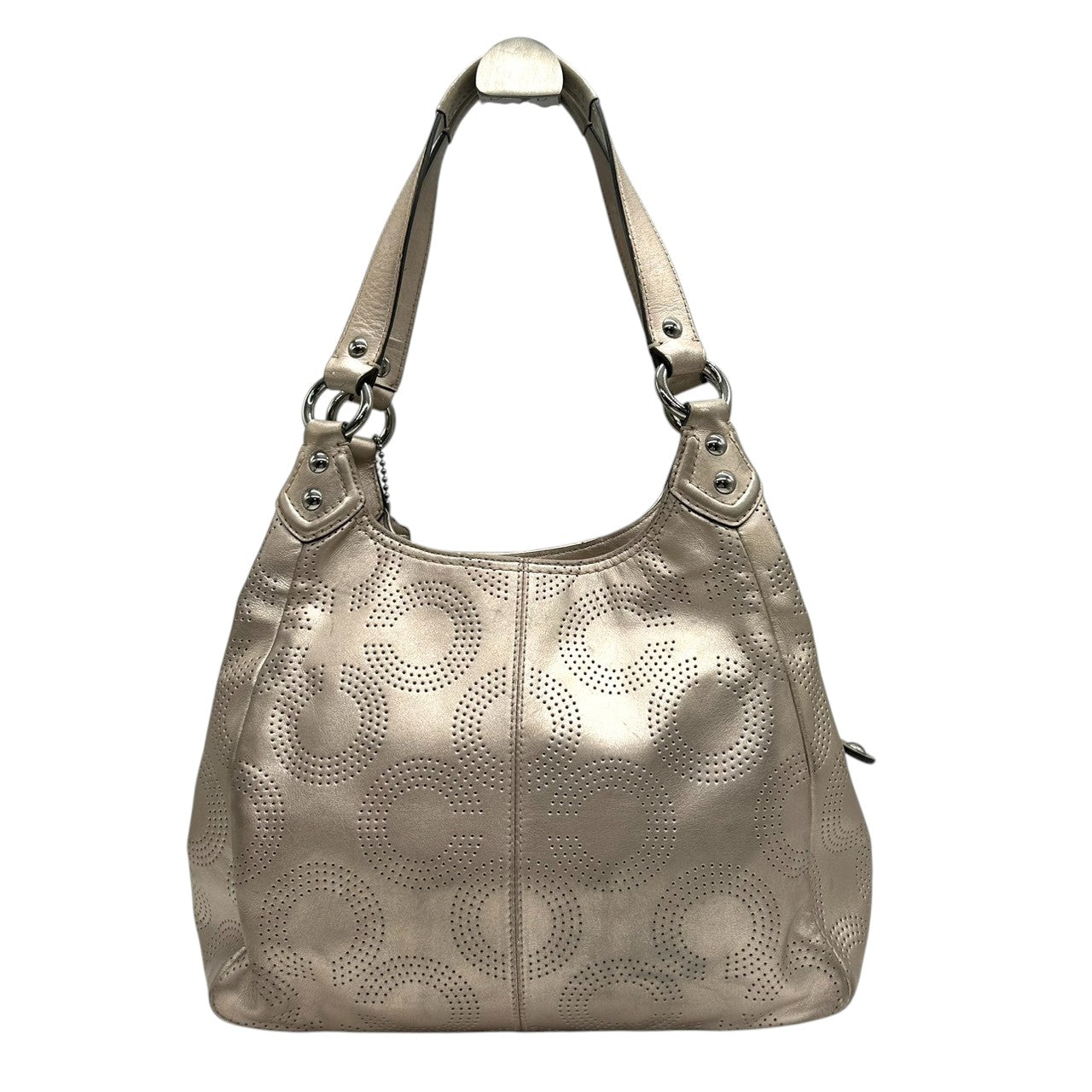 【美品】COACH コーチ ショルダーバッグ ワンショルダー F23602 パンチングレザー オプアート シグネチャー ゴールド シャンパンゴールド系 本革 レディース エレガント 通勤通学 人気モデル クリーニング済み s99