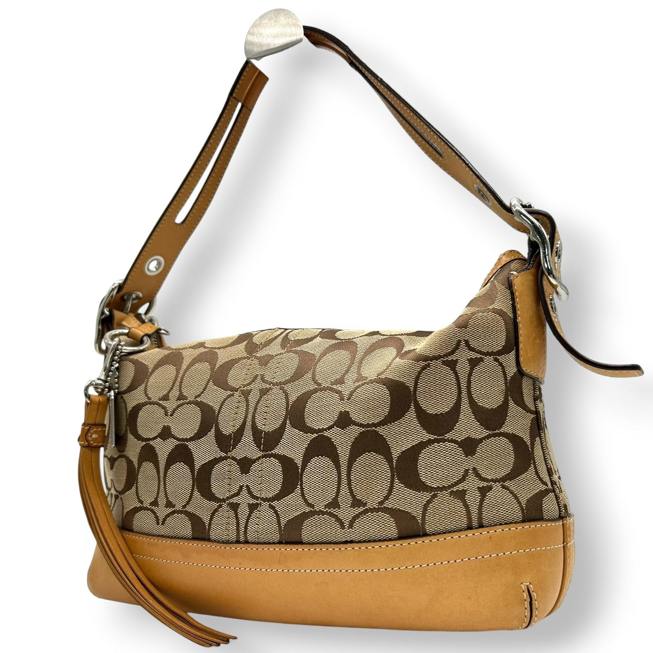 【COACH】コーチ ハンドバッグ ワンショルダーバッグ 9363P シグネチャー キャンバス レザー ブラウン ベージュ系 自立可 レディース クラシックデザイン タッセルチャーム付き 定番人気モデル クリーニング済み s99