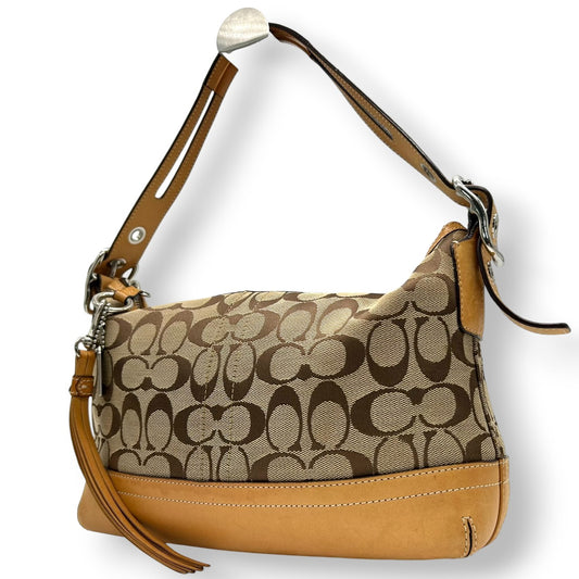 【COACH】コーチ ハンドバッグ ワンショルダーバッグ 9363P シグネチャー キャンバス レザー ブラウン ベージュ系 自立可 レディース クラシックデザイン タッセルチャーム付き 定番人気モデル クリーニング済み s99