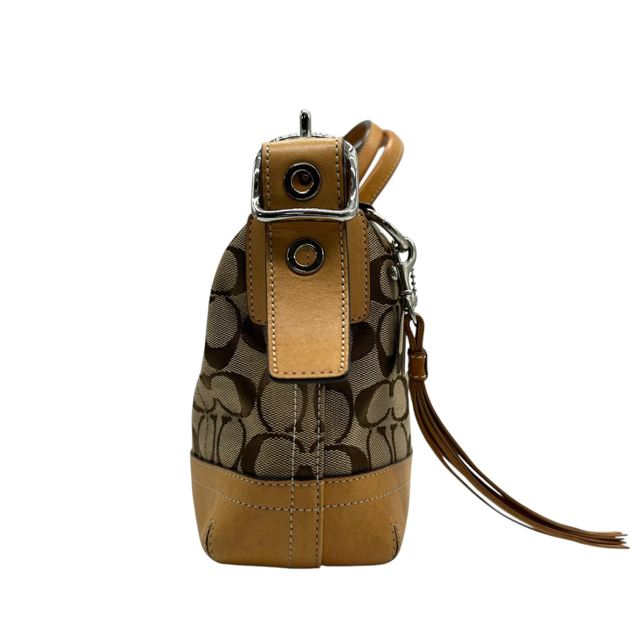 【COACH】コーチ ハンドバッグ ワンショルダーバッグ 9363P シグネチャー キャンバス レザー ブラウン ベージュ系 自立可 レディース クラシックデザイン タッセルチャーム付き 定番人気モデル クリーニング済み s99