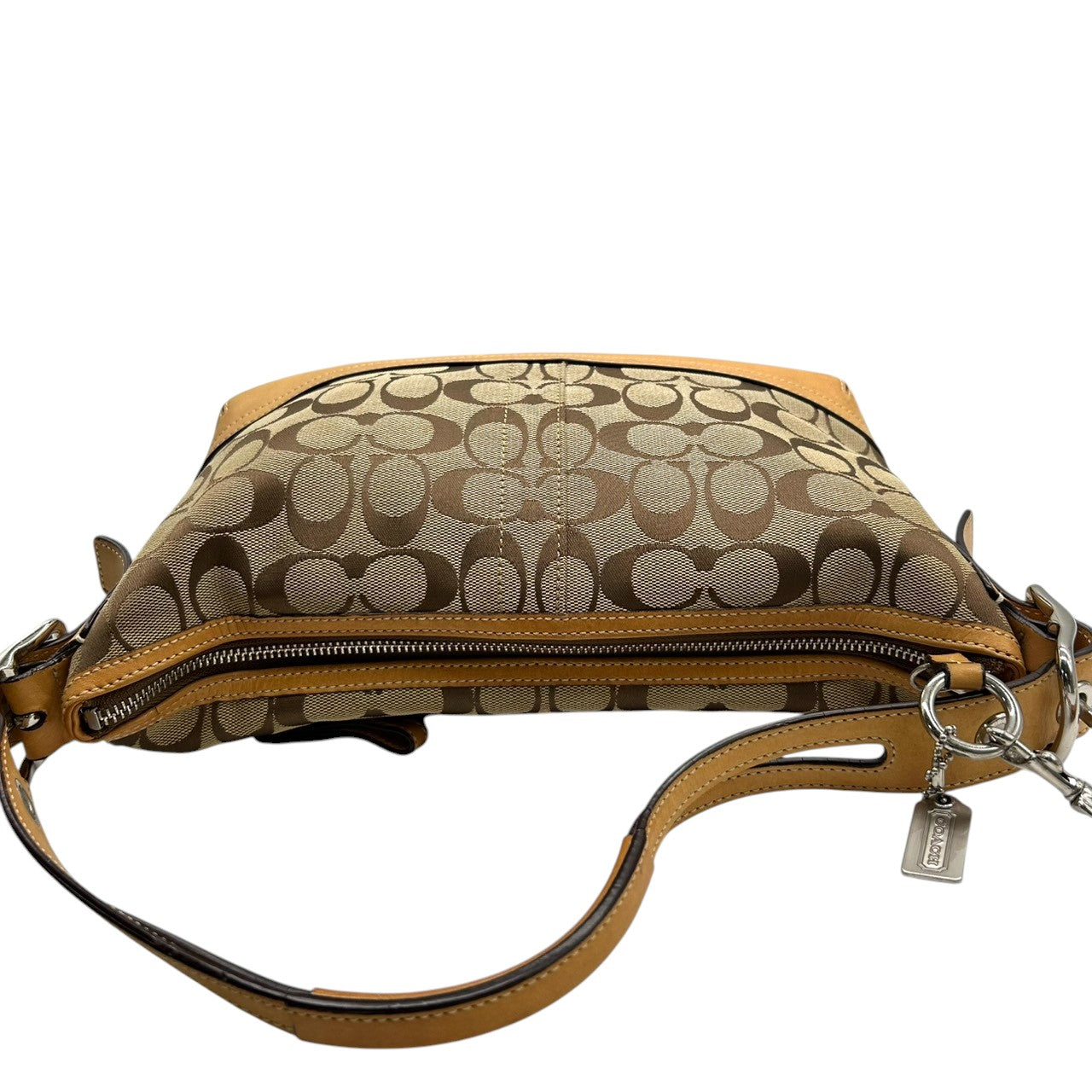 【COACH】コーチ ハンドバッグ ワンショルダーバッグ 9363P シグネチャー キャンバス レザー ブラウン ベージュ系 自立可 レディース クラシックデザイン タッセルチャーム付き 定番人気モデル クリーニング済み s99