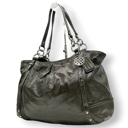 【COACH】コーチ ギャザー トートバッグ ワンショルダー F18231 大容量 A4収納可 パテントレザー エナメル グリーン カーキ系 チェーンハンドル レディース エレガント ビジネス 通勤通学 人気モデル クリーニング済み s86