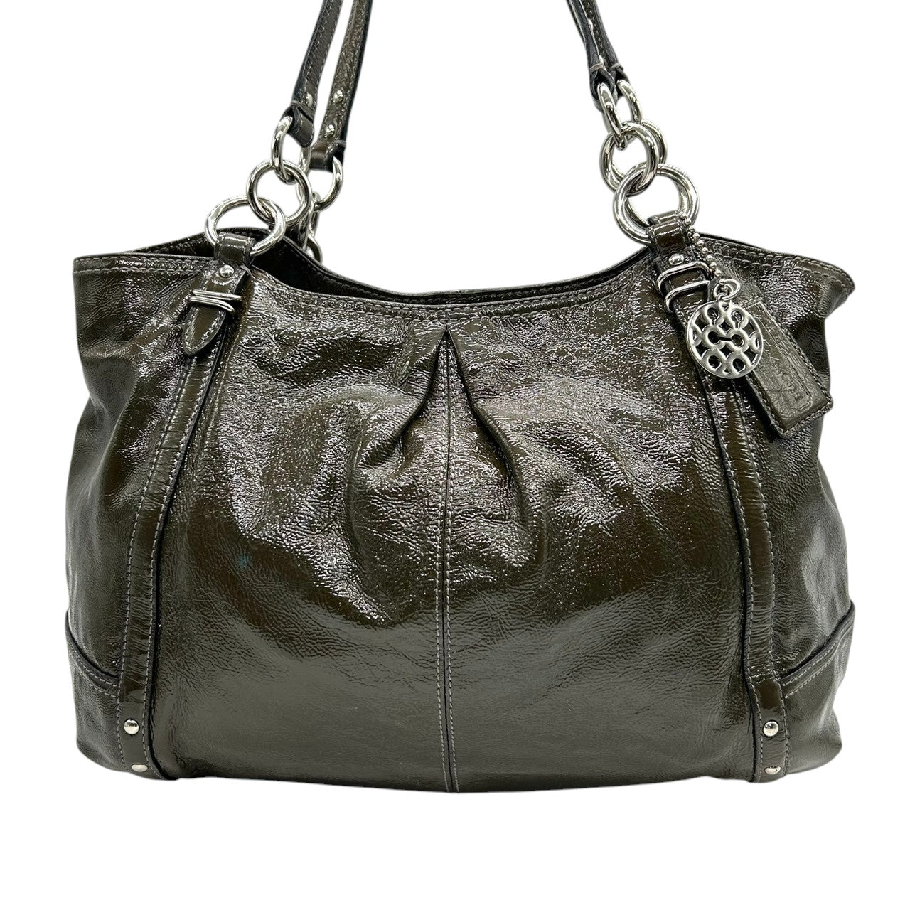 【COACH】コーチ ギャザー トートバッグ ワンショルダー F18231 大容量 A4収納可 パテントレザー エナメル グリーン カーキ系 チェーンハンドル レディース エレガント ビジネス 通勤通学 人気モデル クリーニング済み s86