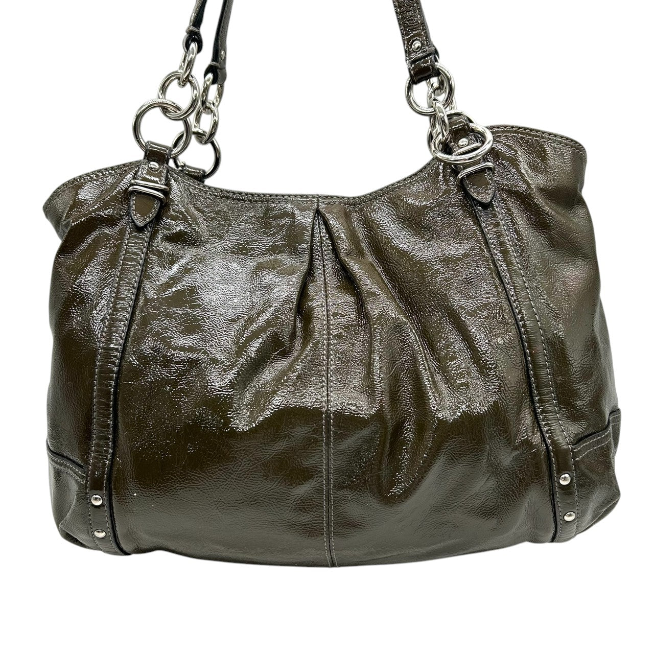 【COACH】コーチ ギャザー トートバッグ ワンショルダー F18231 大容量 A4収納可 パテントレザー エナメル グリーン カーキ系 チェーンハンドル レディース エレガント ビジネス 通勤通学 人気モデル クリーニング済み s86